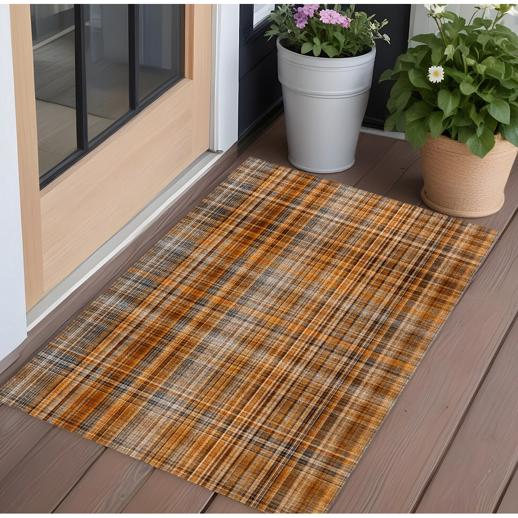 2' X 3' Terra Cotta Plaid Washable Non Skid Indoor Outdoor Area Rug