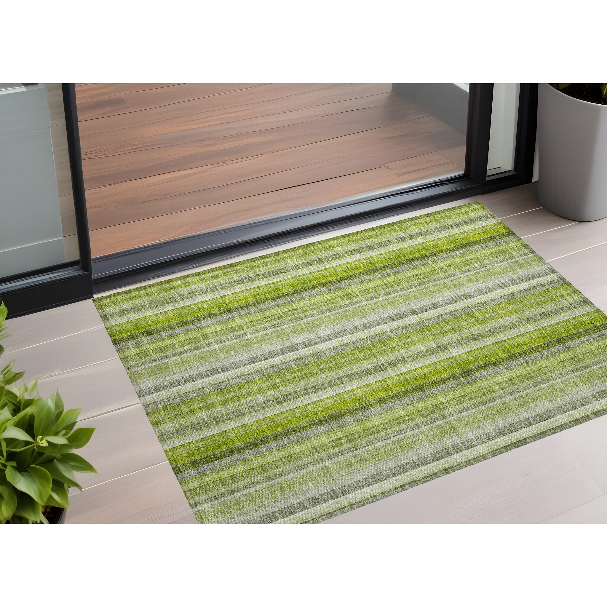 2' X 3' Green Striped Washable Non Skid Indoor Outdoor Area Rug