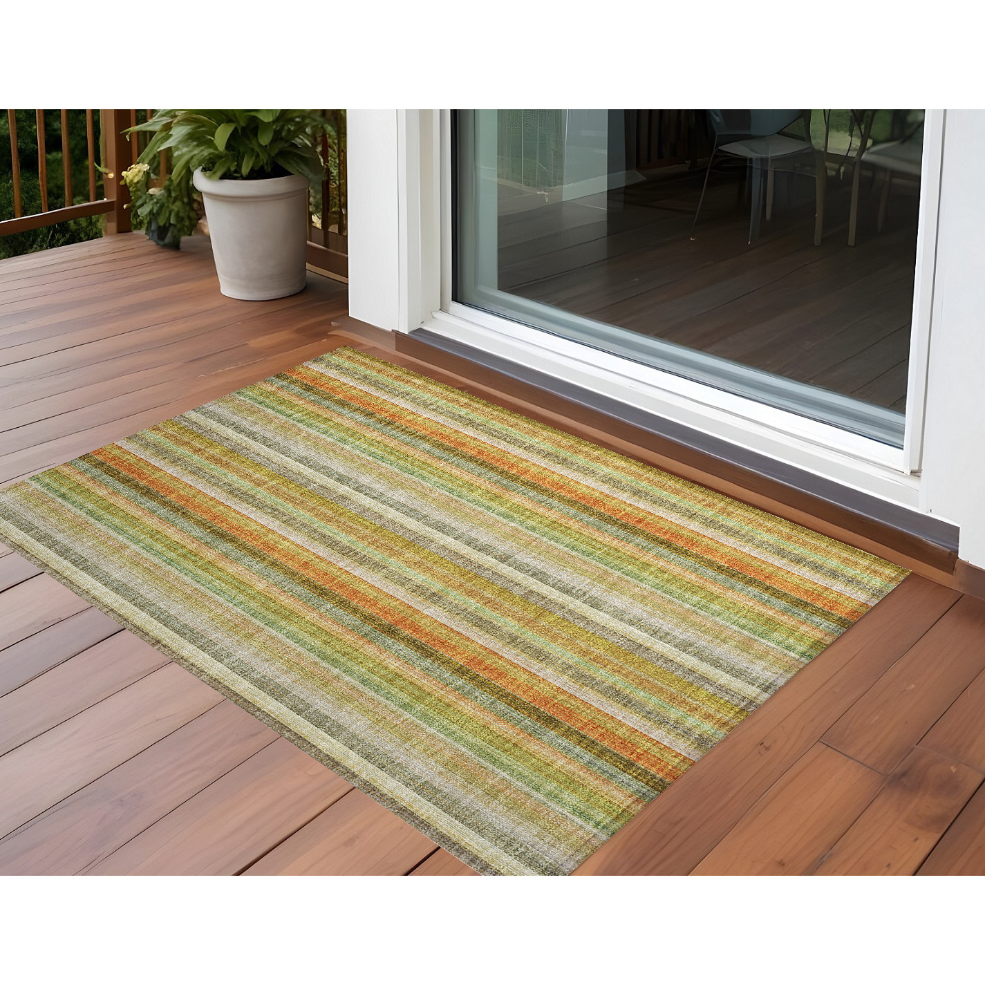 2' X 3' Tan Orange and Green Striped Washable Non Skid Indoor Outdoor Area Rug