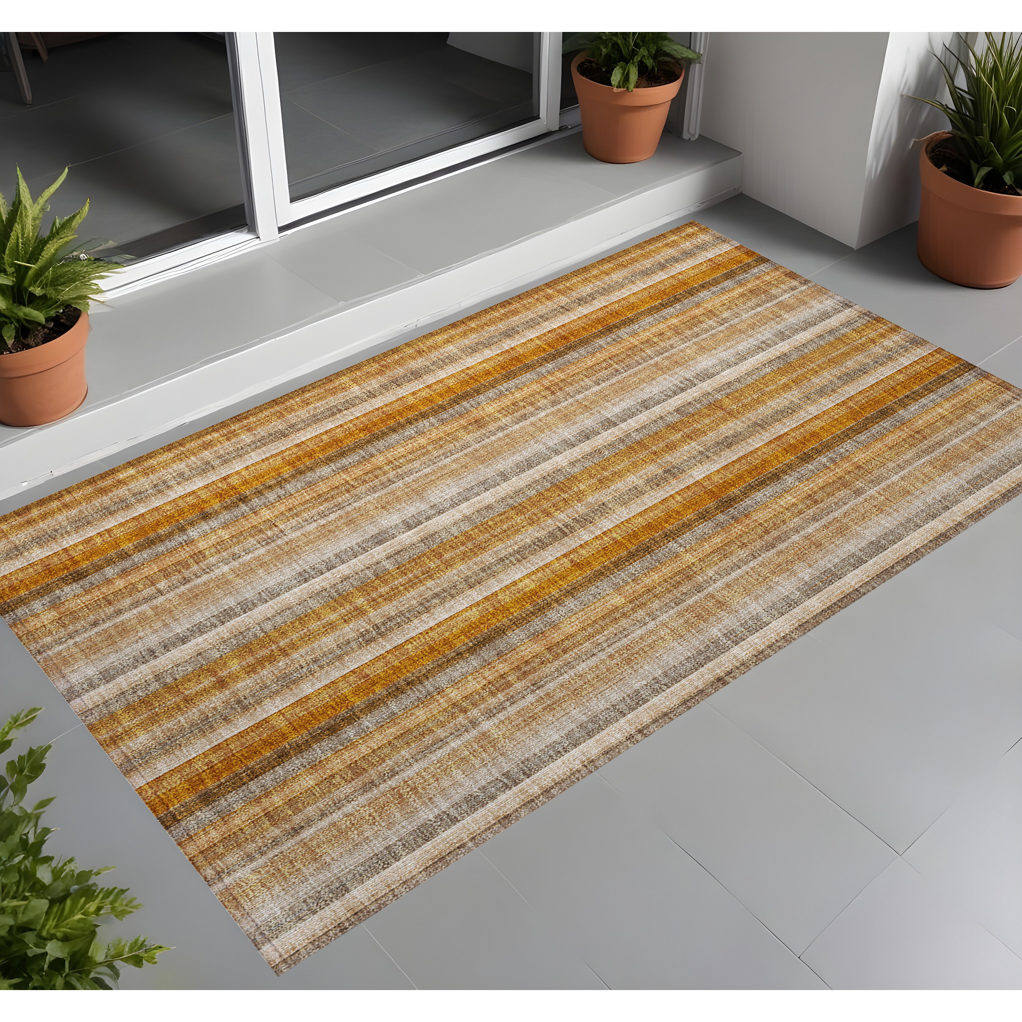 2' X 3' Orange Ivory and Gray Striped Washable Non Skid Indoor Outdoor Area Rug