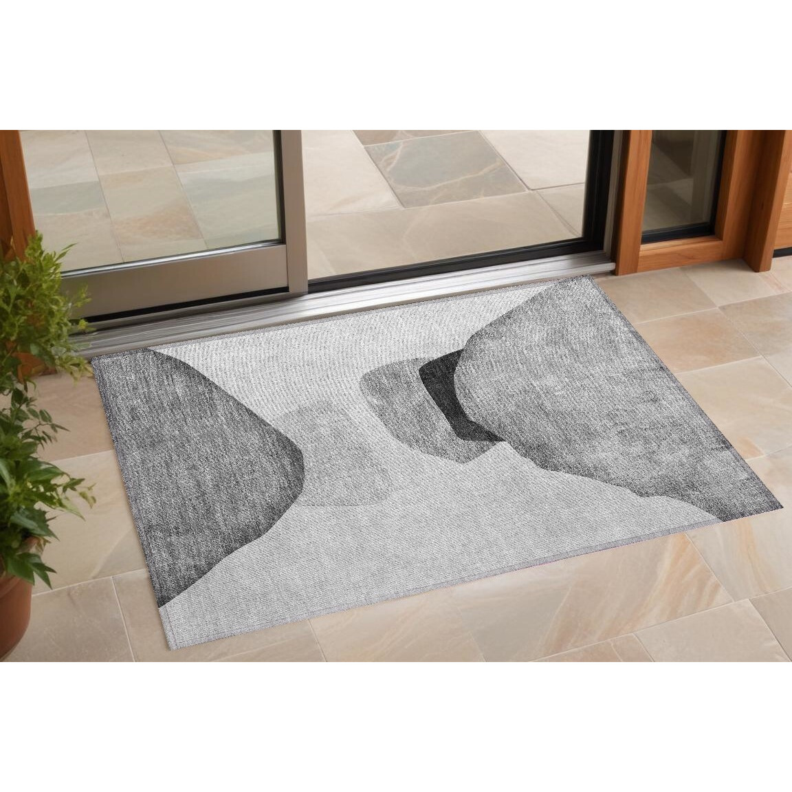 2' X 3' Gray and Black Abstract Washable Non Skid Indoor Outdoor Area Rug