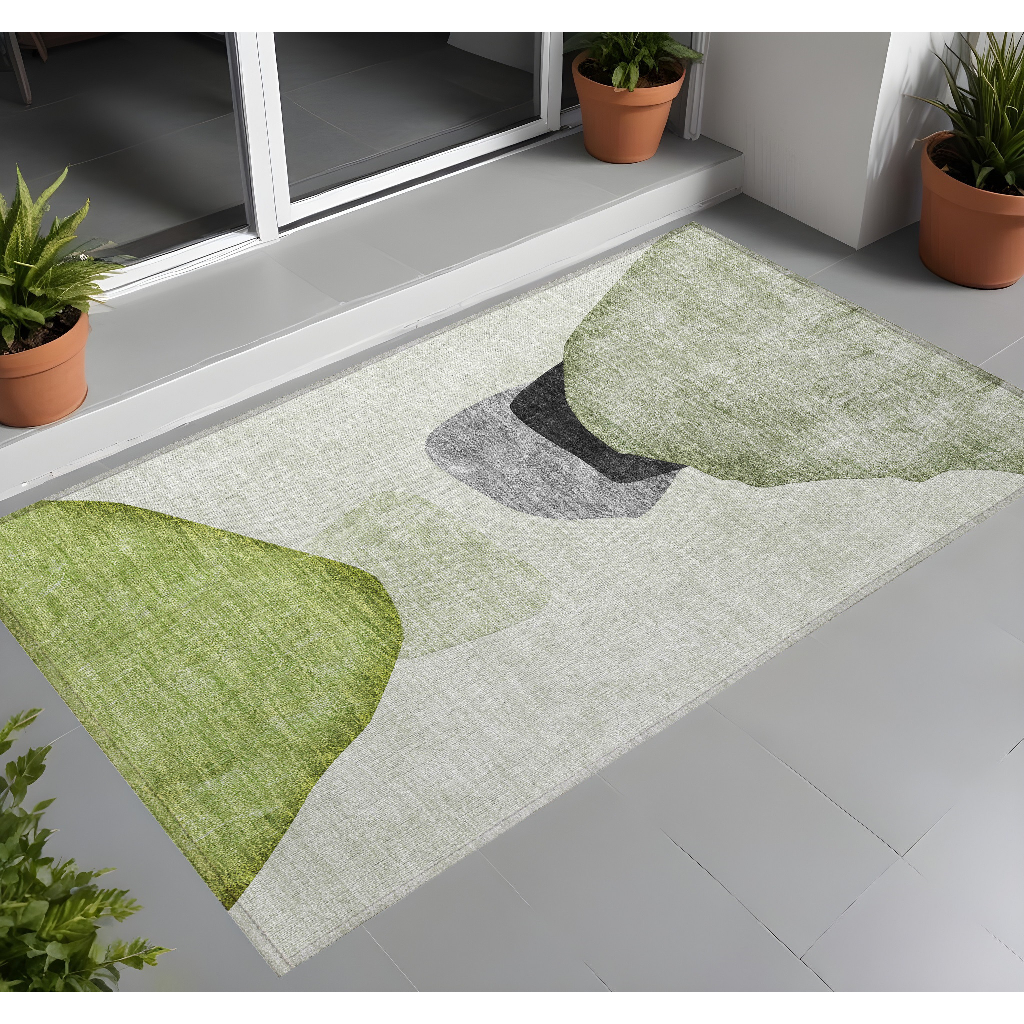 2' X 3' Green Black and Gray Abstract Washable Non Skid Indoor Outdoor Area Rug