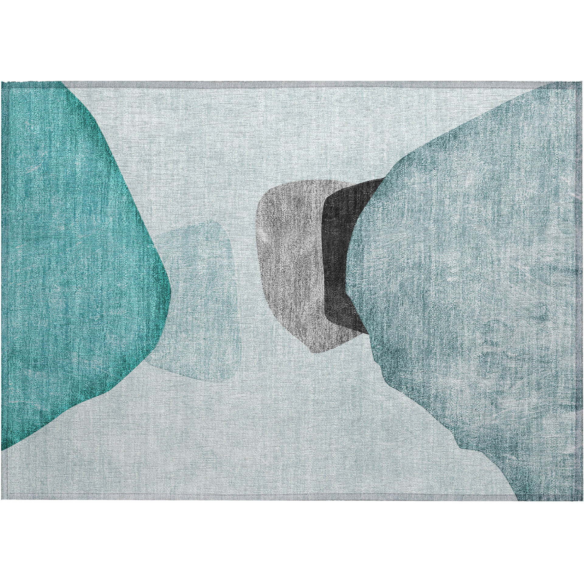 2' X 3' Teal Ivory and Gray Abstract Washable Non Skid Indoor Outdoor Area Rug