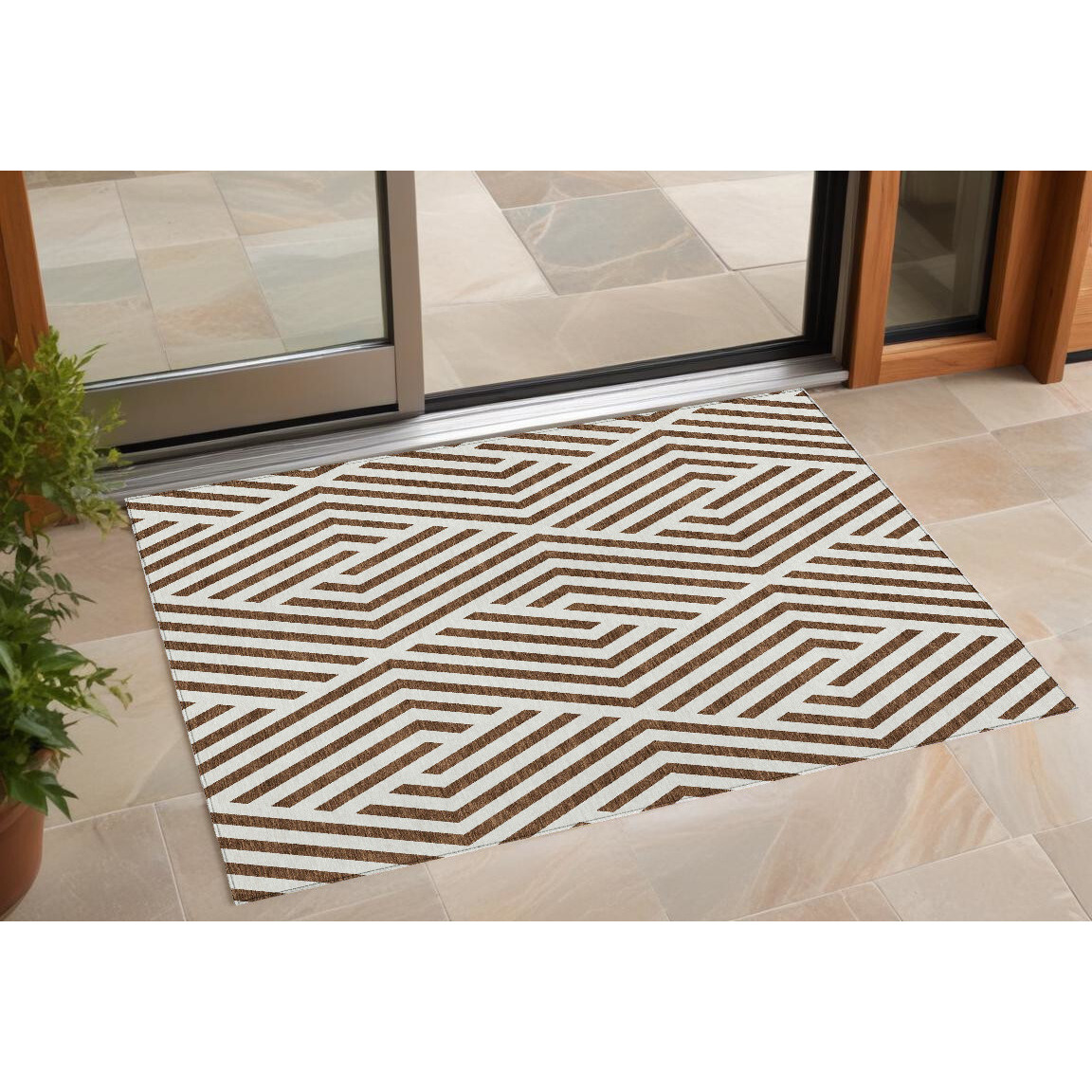 2' X 3' Brown and White Geometric Washable Non Skid Indoor Outdoor Area Rug