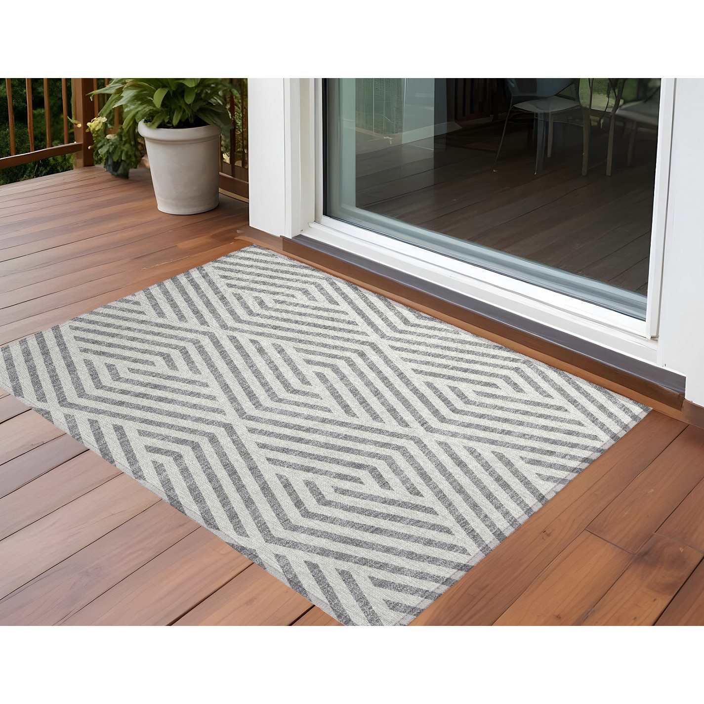 2' X 3' Gray and Ivory Geometric Washable Non Skid Indoor Outdoor Area Rug