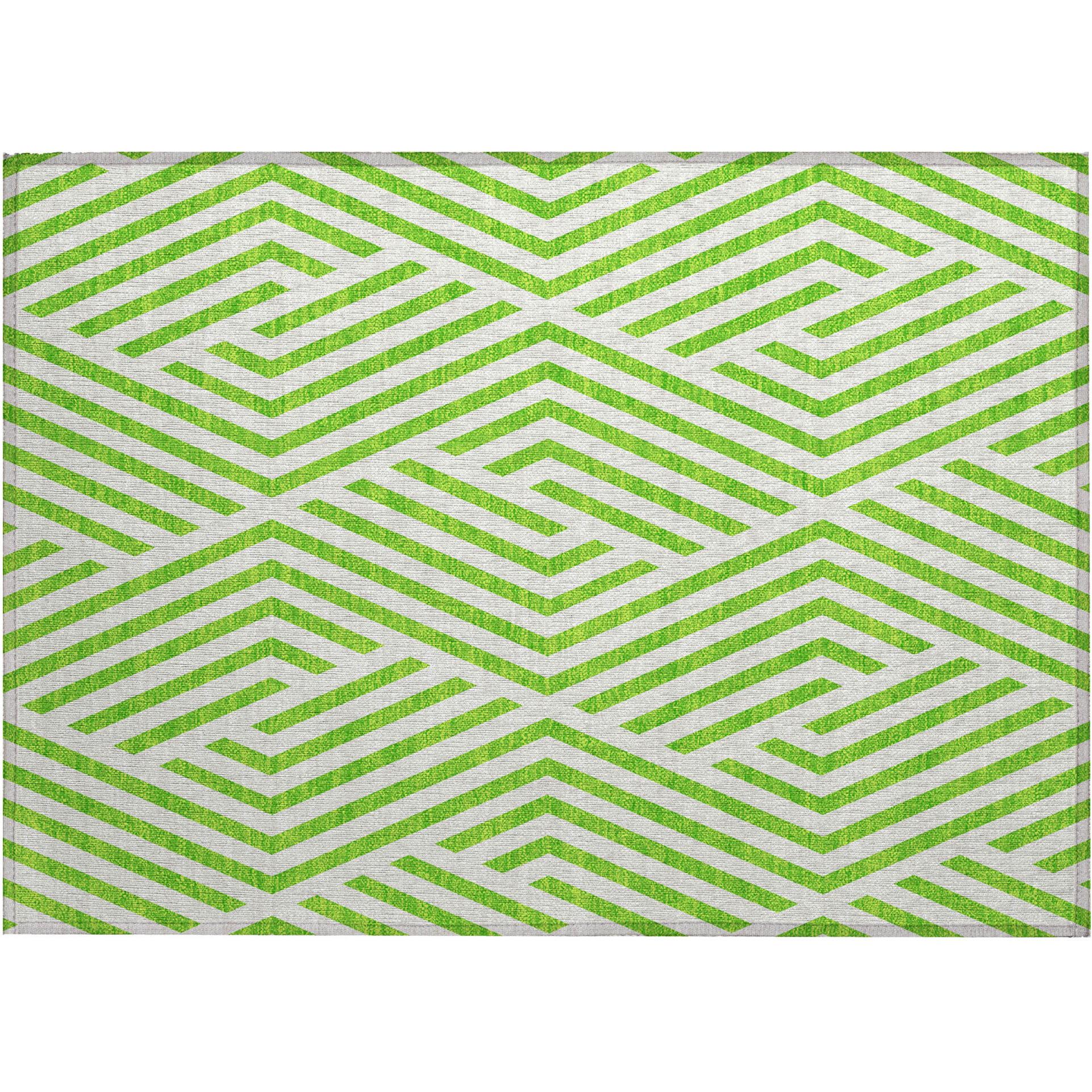 2' X 3' Lime Green and White Geometric Washable Non Skid Indoor Outdoor Area Rug