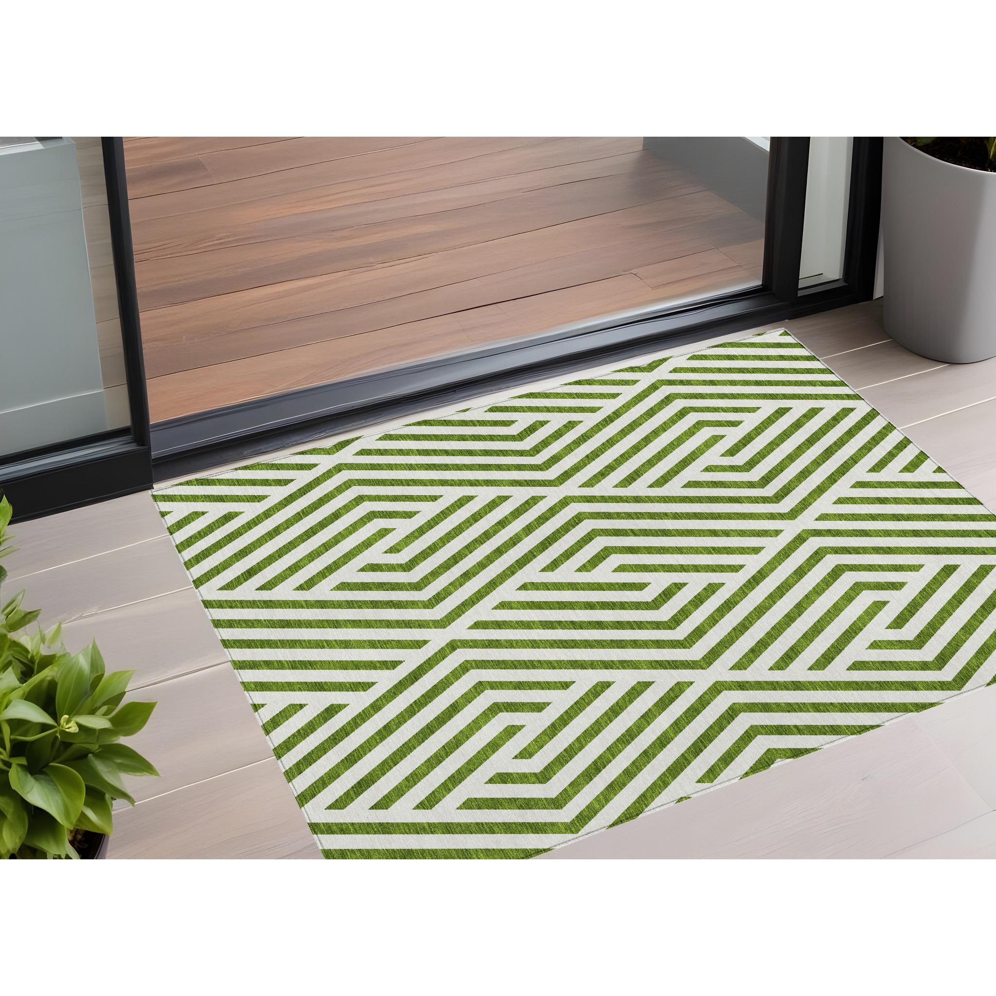 2' X 3' Lime Green and White Geometric Washable Non Skid Indoor Outdoor Area Rug