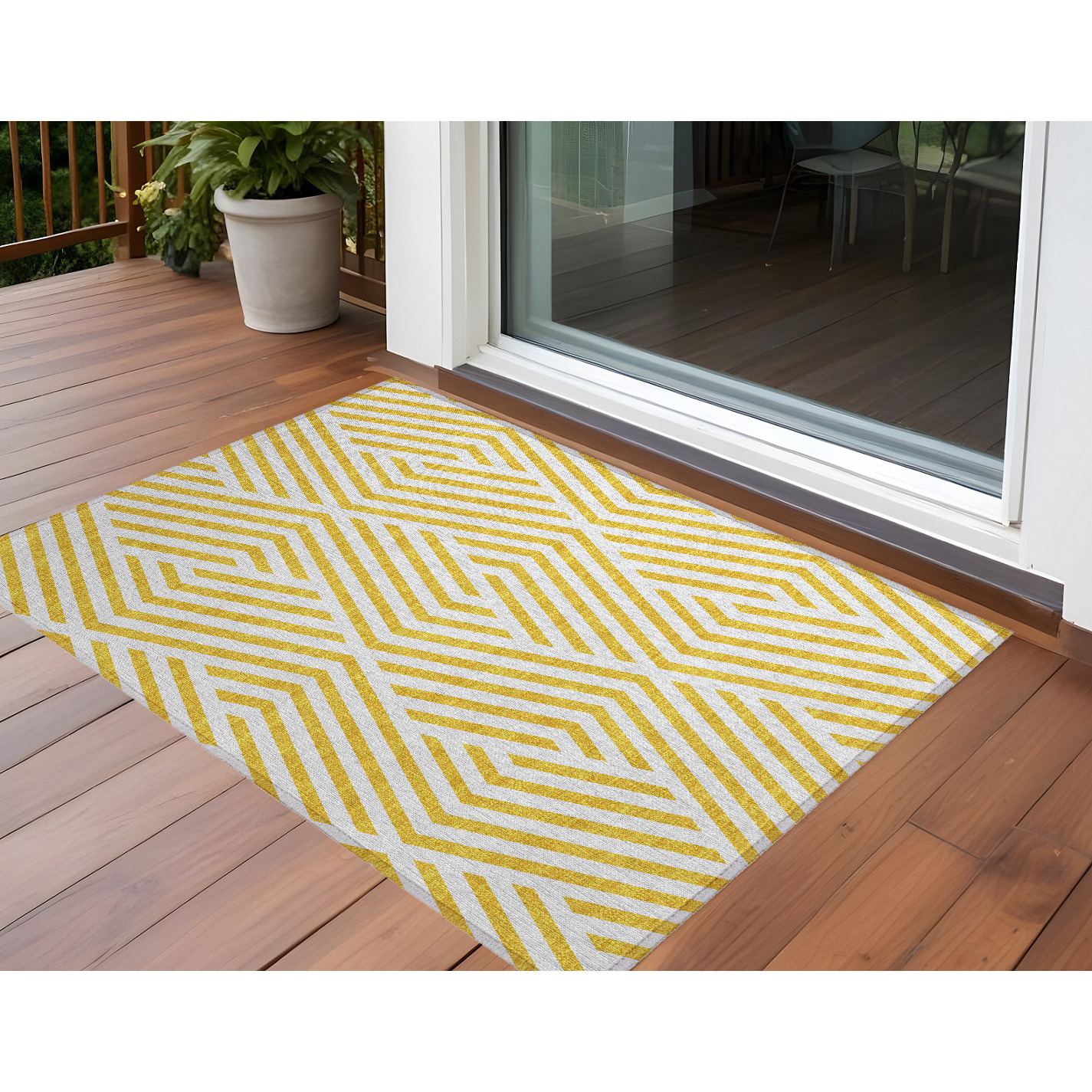 2' X 3' Gold and White Geometric Washable Non Skid Indoor Outdoor Area Rug