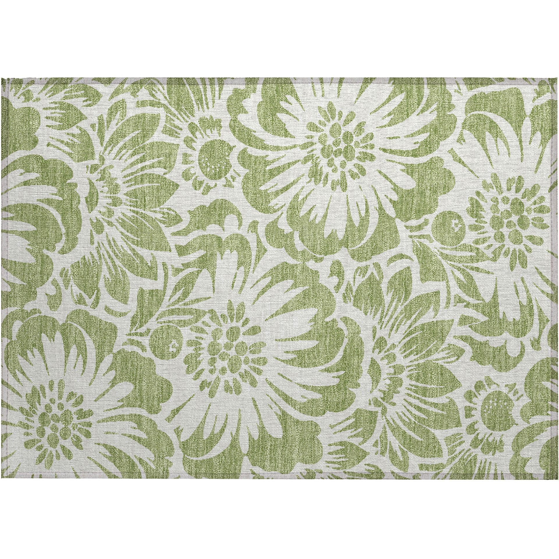 2' X 3' Green and Ivory Floral Washable Non Skid Indoor Outdoor Area Rug