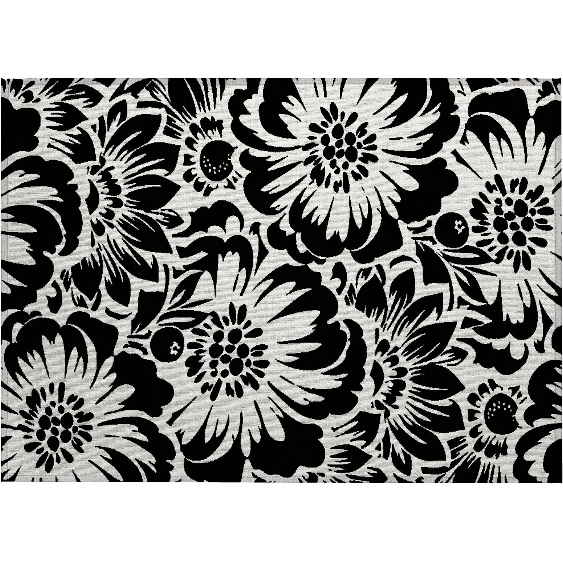 2' X 3' Black and Ivory Floral Washable Non Skid Indoor Outdoor Area Rug