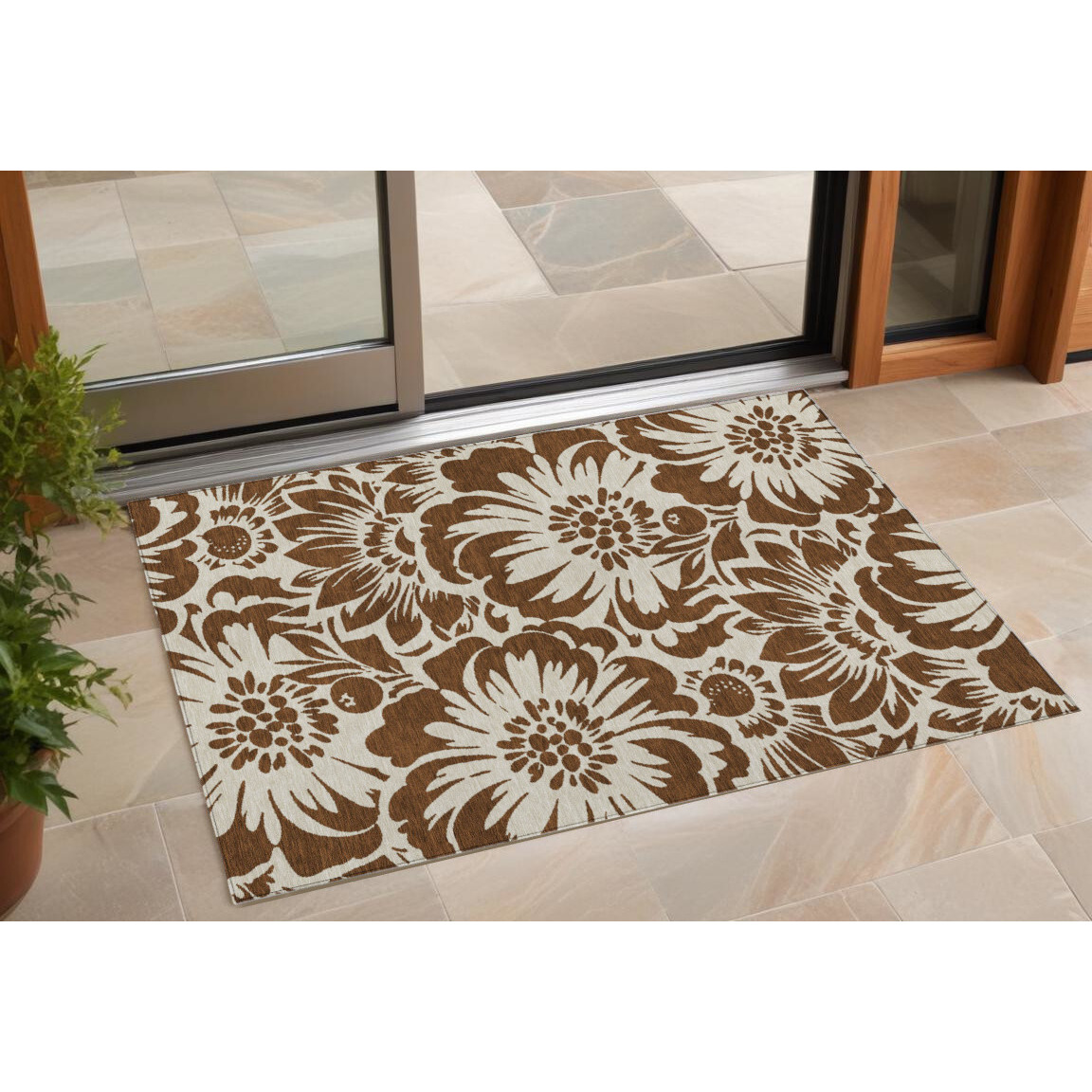 2' X 3' Brown and Ivory Floral Washable Non Skid Indoor Outdoor Area Rug