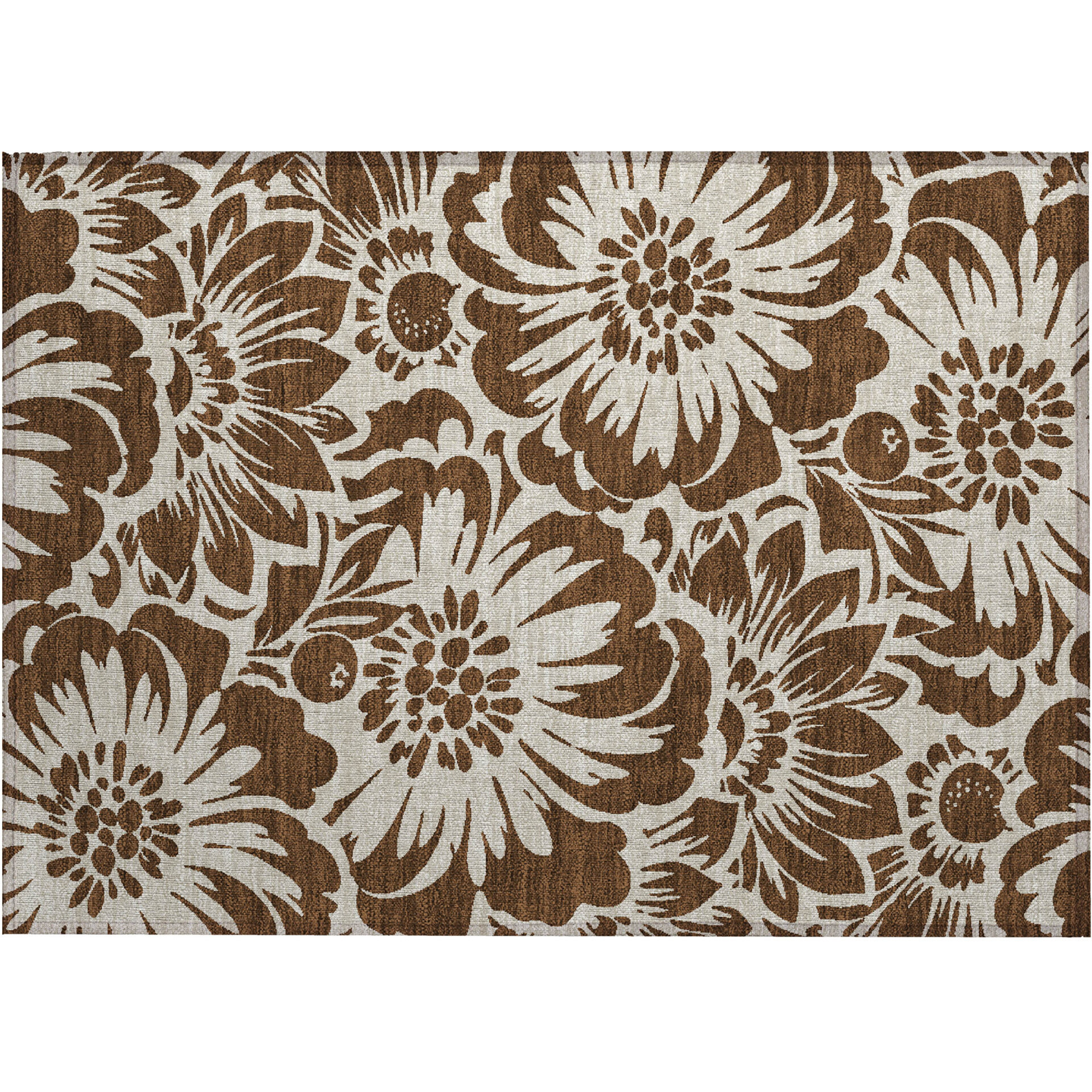 2' X 3' Brown and Ivory Floral Washable Non Skid Indoor Outdoor Area Rug