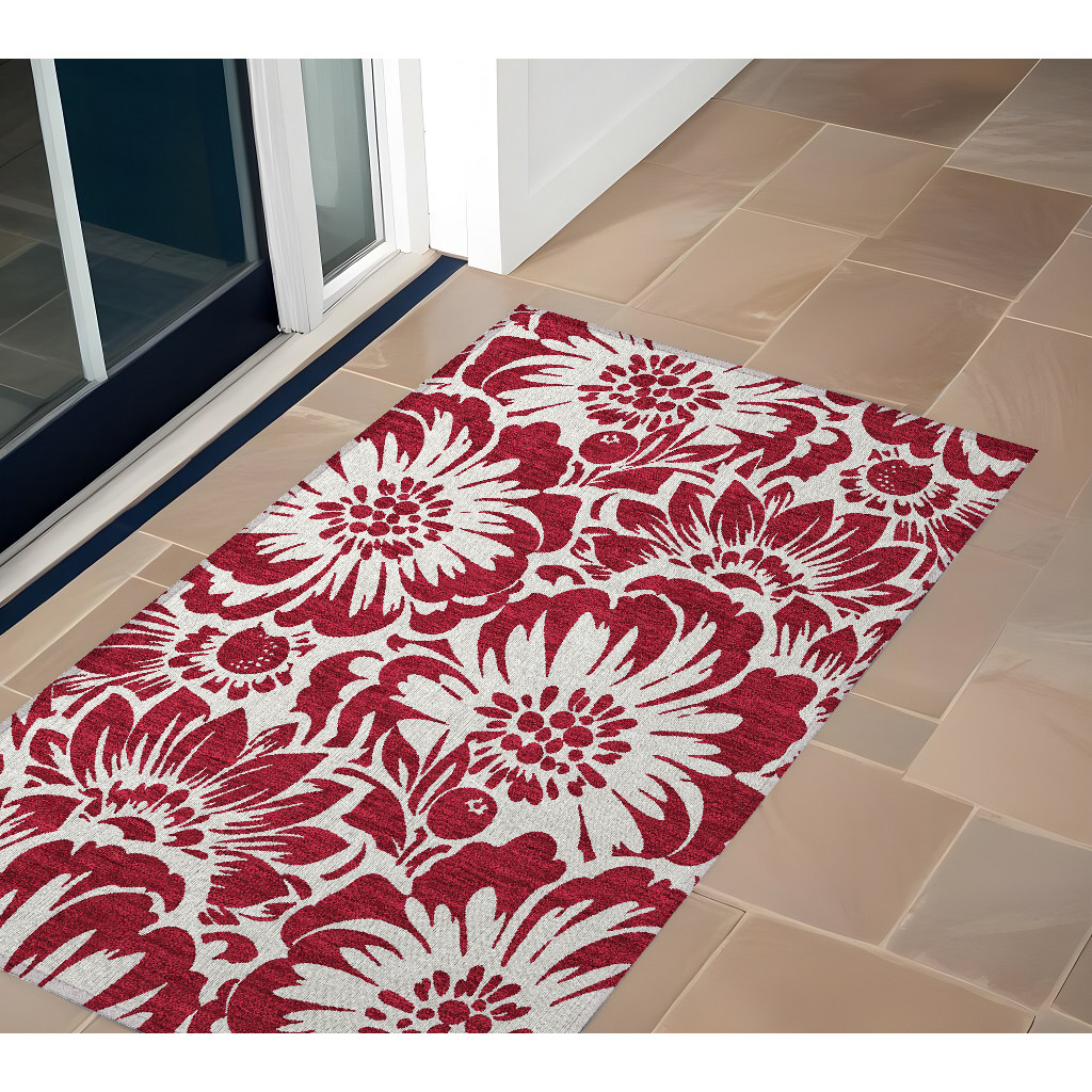 2' X 3' Burgundy and White Floral Washable Non Skid Indoor Outdoor Area Rug