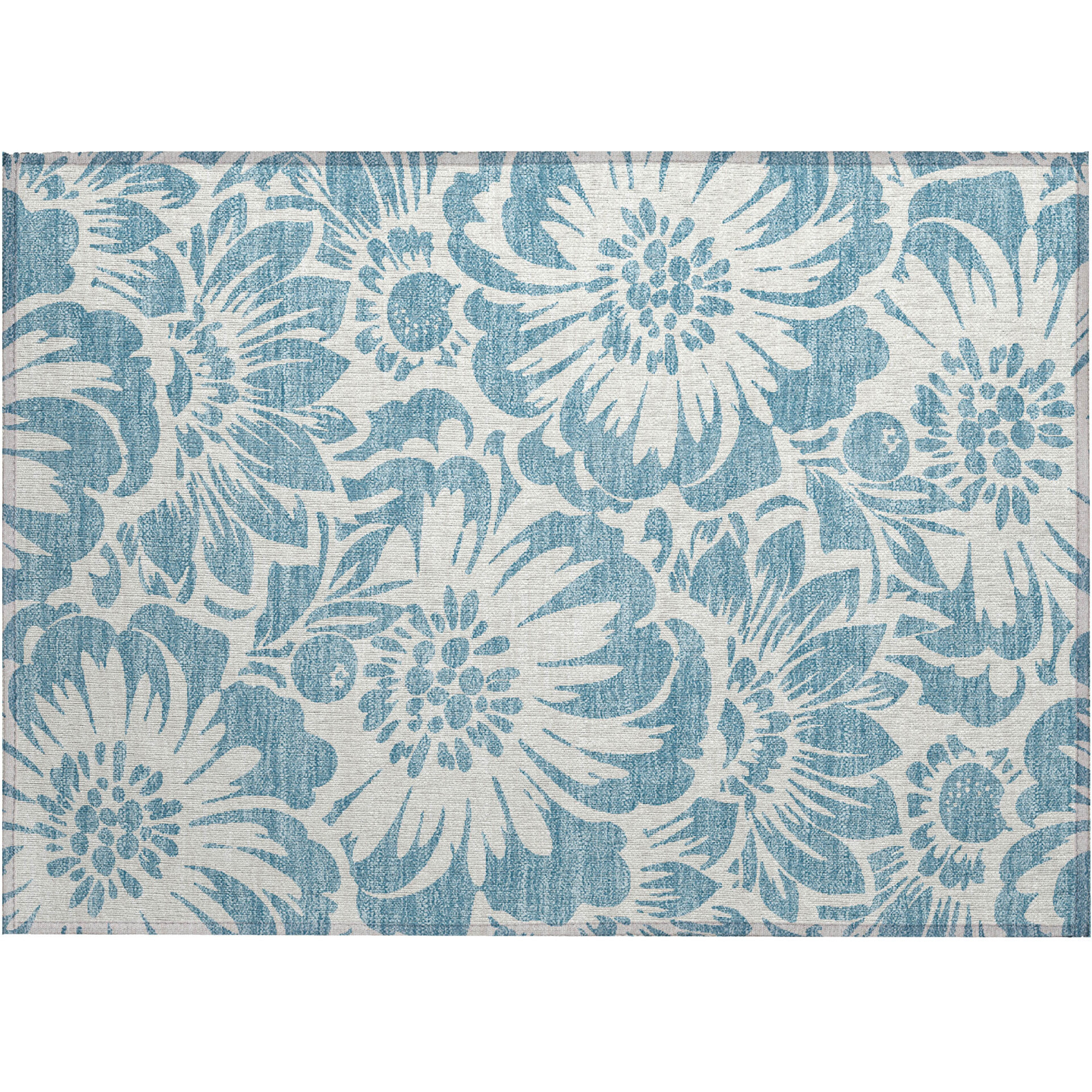 2' X 3' Denim and Ivory Floral Washable Non Skid Indoor Outdoor Area Rug