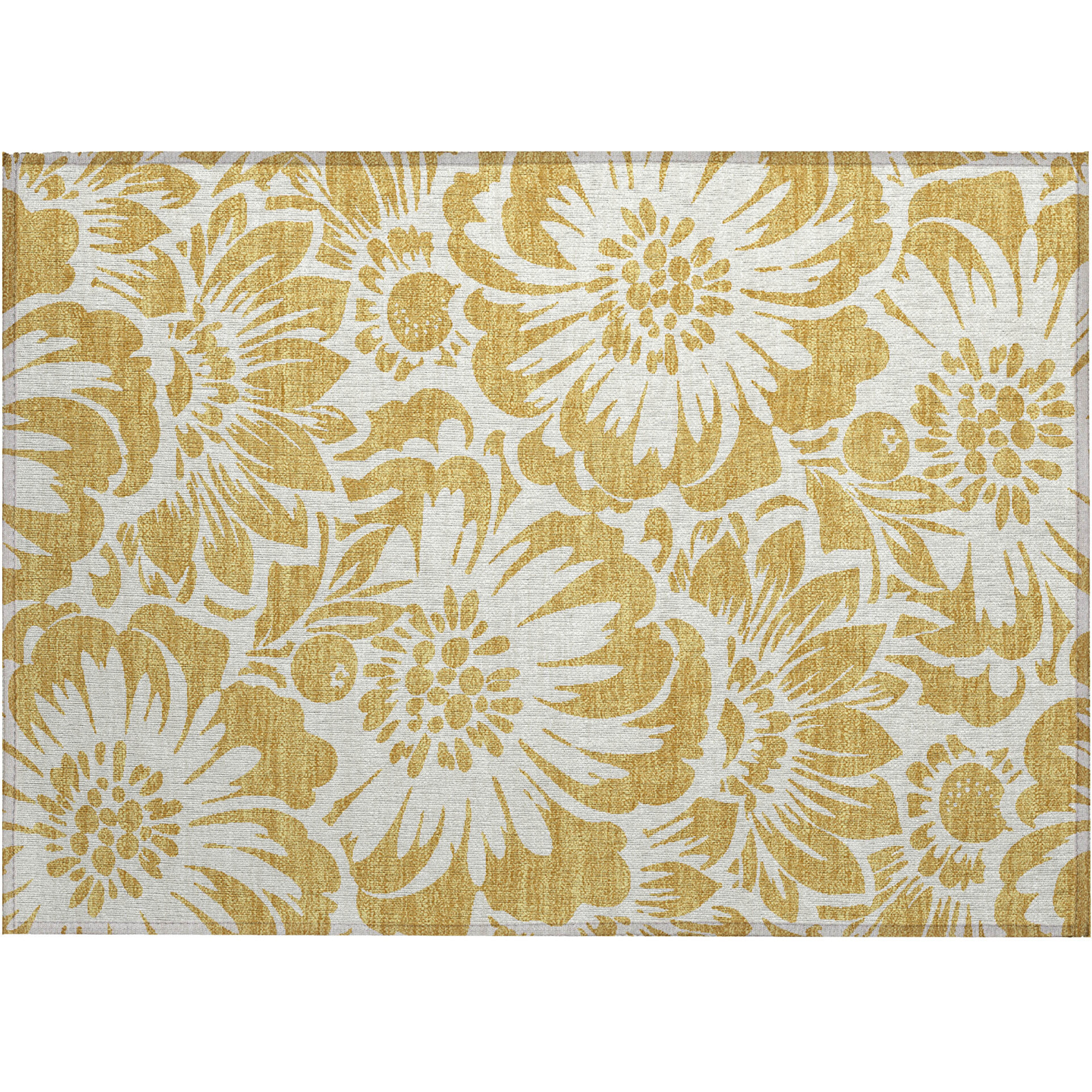 2' X 3' Gold and White Floral Washable Non Skid Indoor Outdoor Area Rug