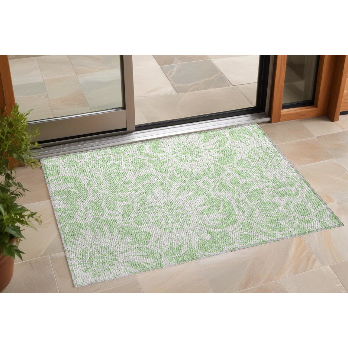 2' X 3' Mint Green and Ivory Floral Washable Non Skid Indoor Outdoor Area Rug
