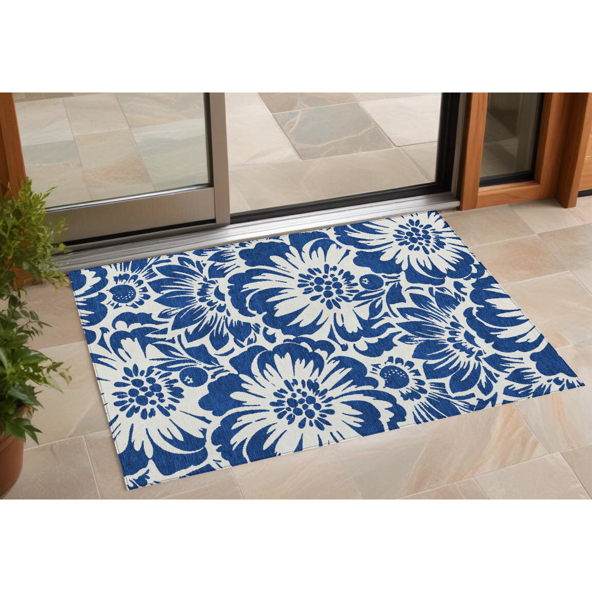 2' X 3' Navy and Ivory Floral Washable Non Skid Indoor Outdoor Area Rug