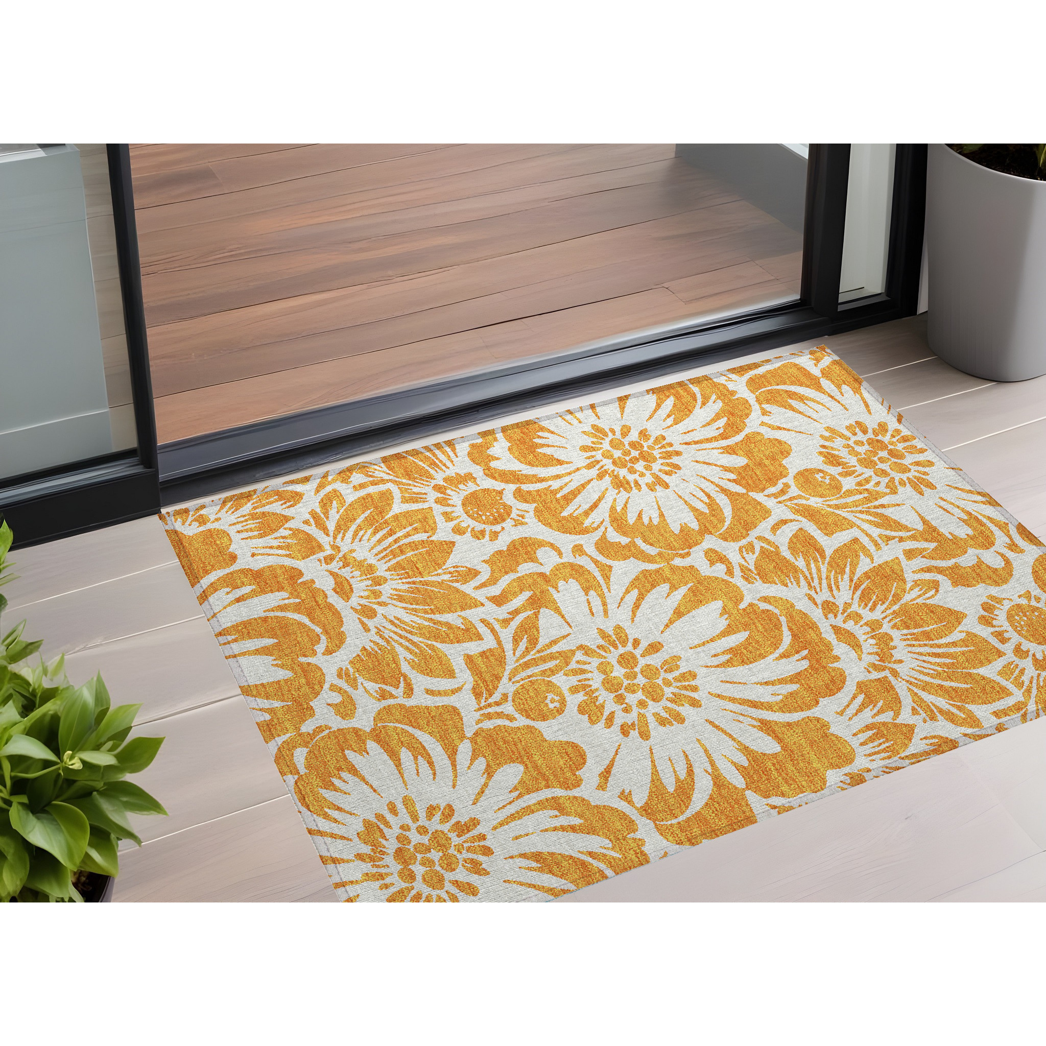 2' X 3' Orange and White Floral Washable Non Skid Indoor Outdoor Area Rug