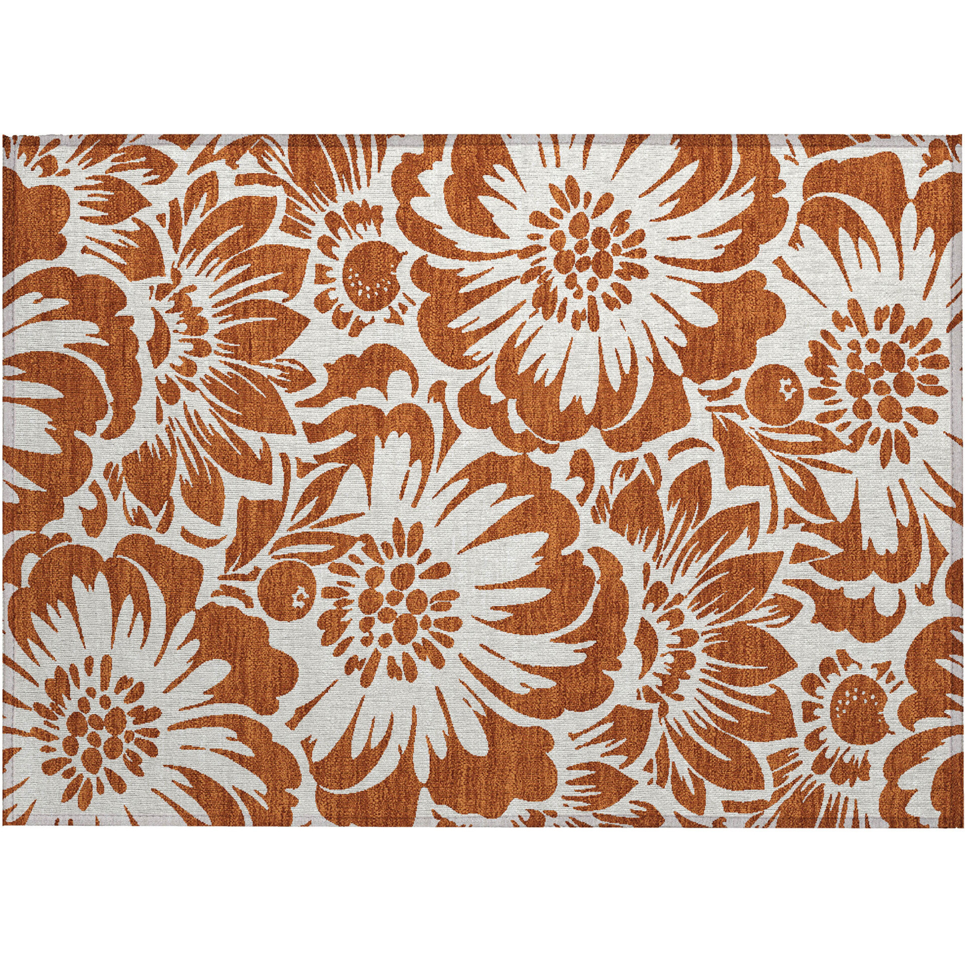 2' X 3' Rust and Ivory Floral Washable Non Skid Indoor Outdoor Area Rug