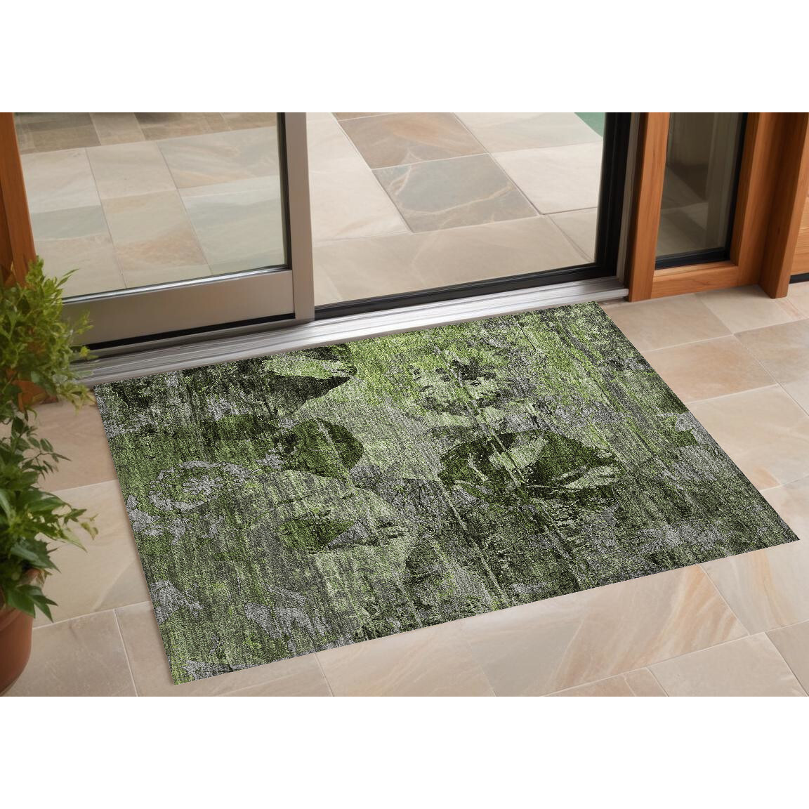 2' X 3' Green and Gray Floral Washable Non Skid Indoor Outdoor Area Rug