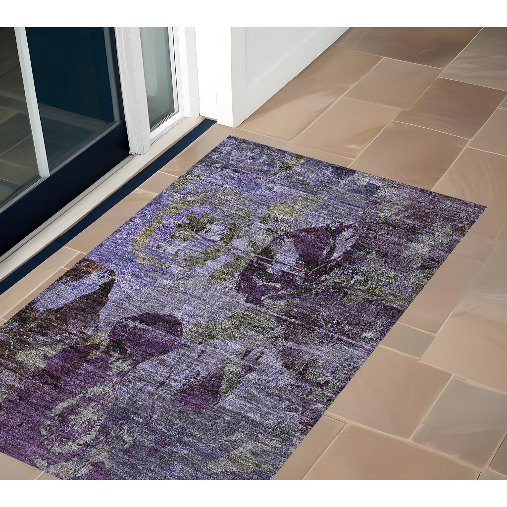 2' X 3' Purple and Green Floral Washable Non Skid Indoor Outdoor Area Rug