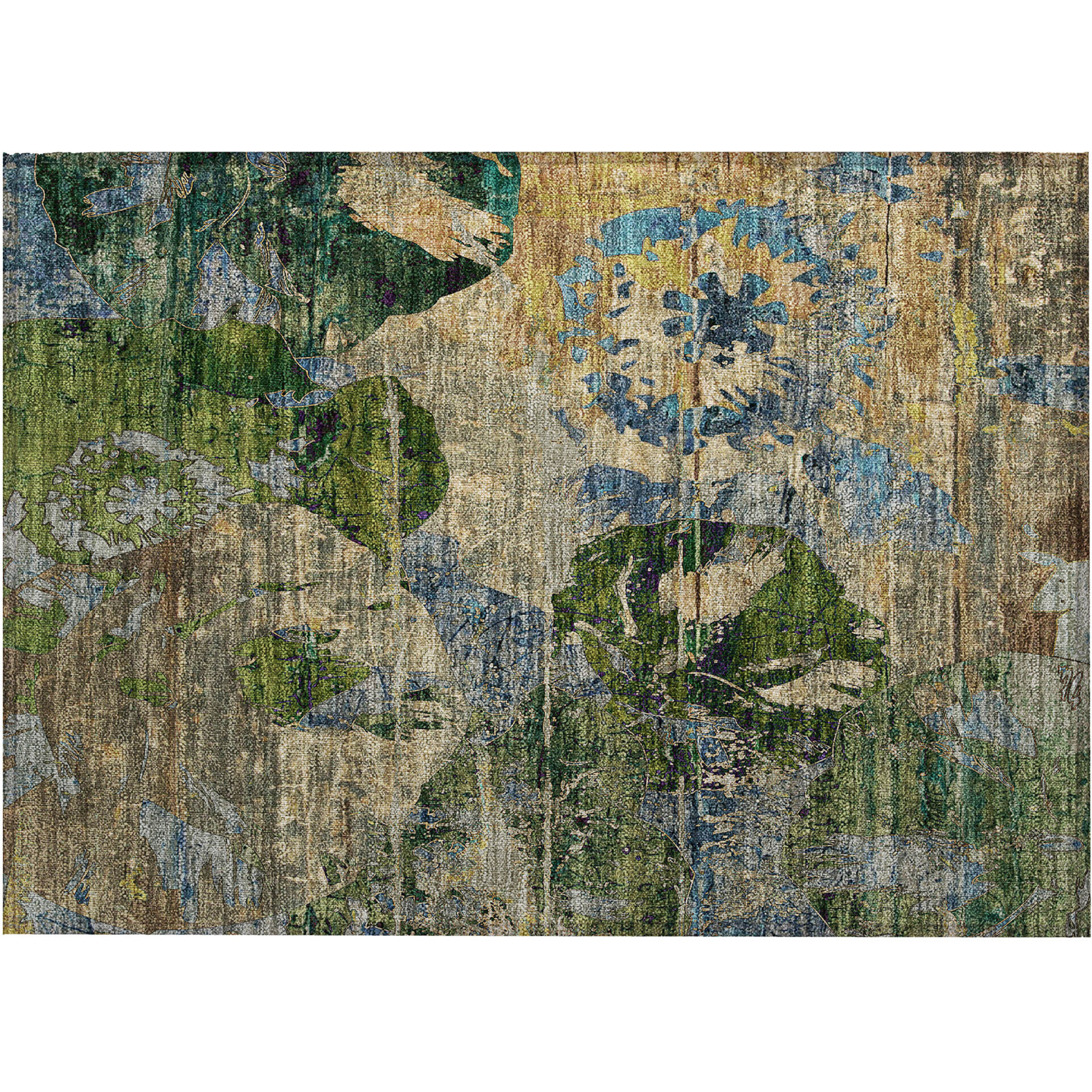 2' X 3' Taupe Blue and Green Floral Washable Non Skid Indoor Outdoor Area Rug