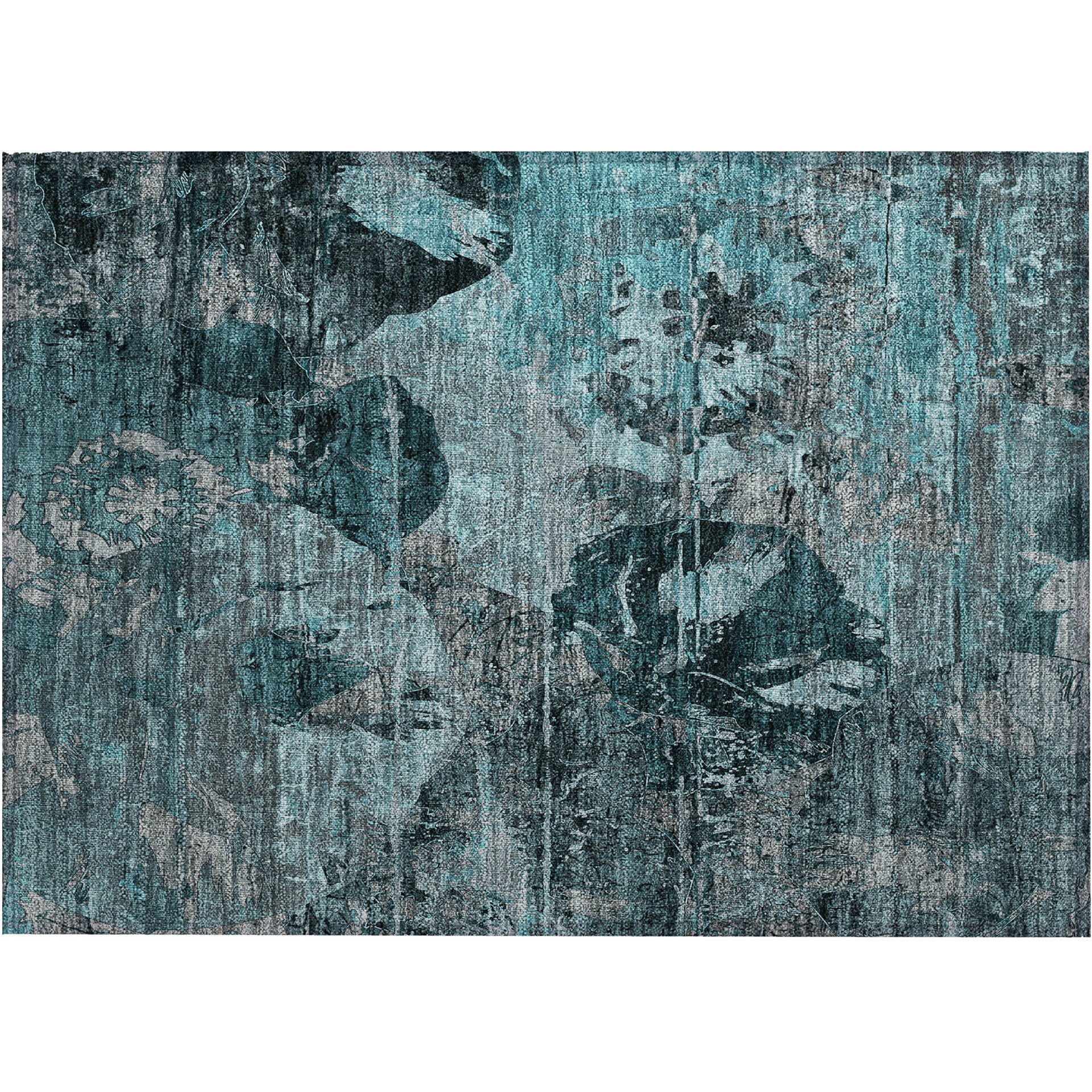 2' X 3' Teal and Gray Floral Washable Non Skid Indoor Outdoor Area Rug