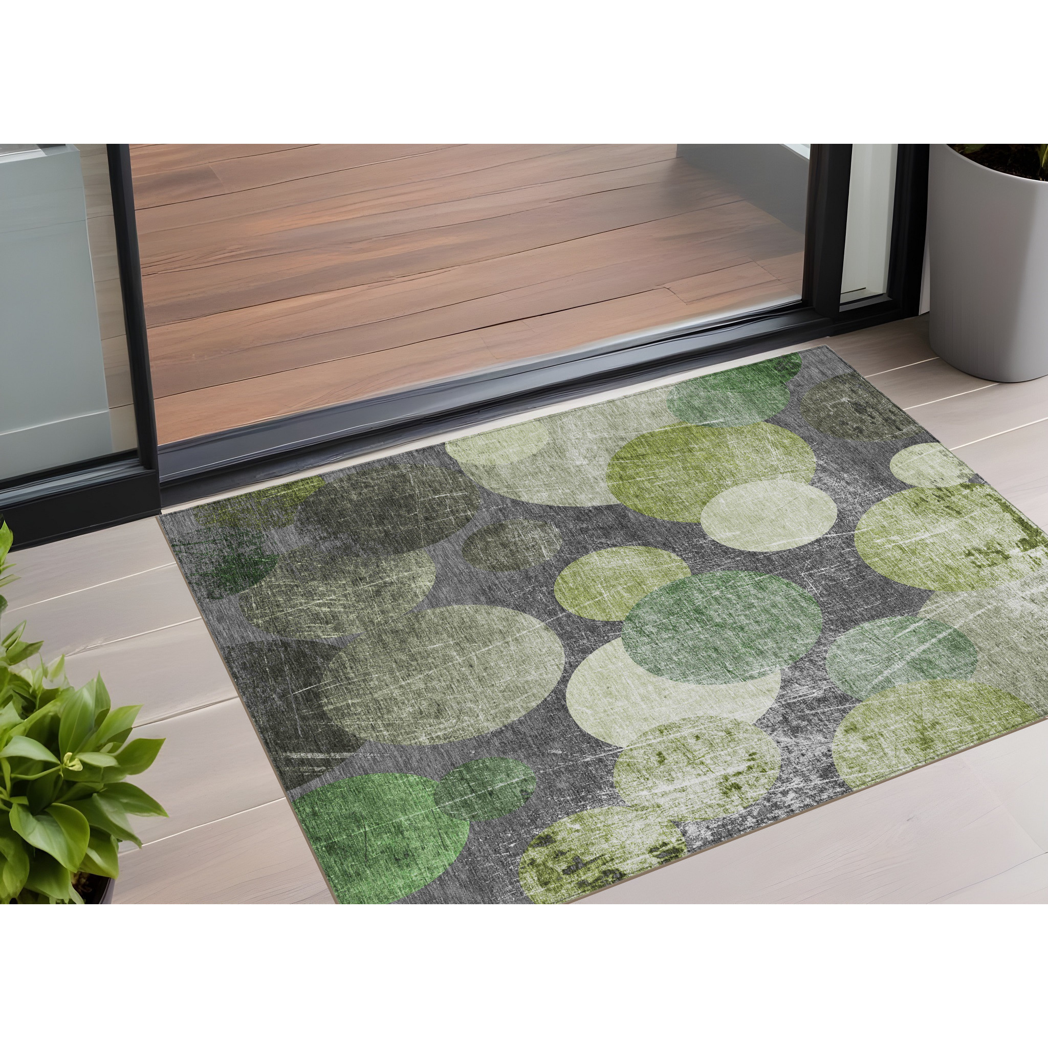2' X 3' Green and Gray Abstract Washable Non Skid Indoor Outdoor Area Rug