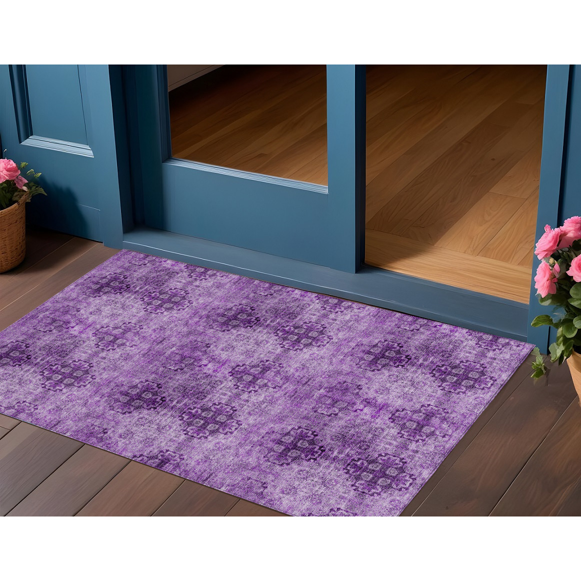 2' X 3' Eggplant Floral Medallion Washable Non Skid Indoor Outdoor Area Rug