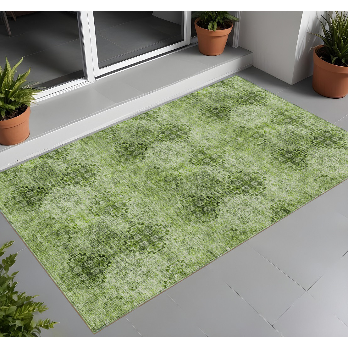 2' X 3' Olive Green Floral Medallion Washable Non Skid Indoor Outdoor Area Rug
