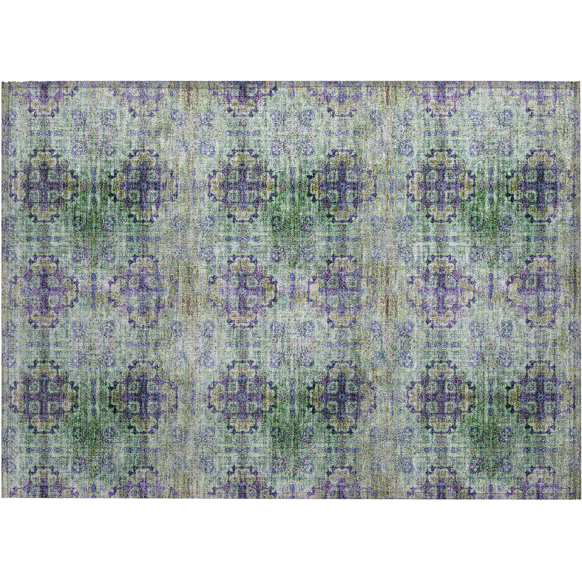 2' X 3' Purple and Green Floral Medallion Washable Non Skid Indoor Outdoor Area Rug