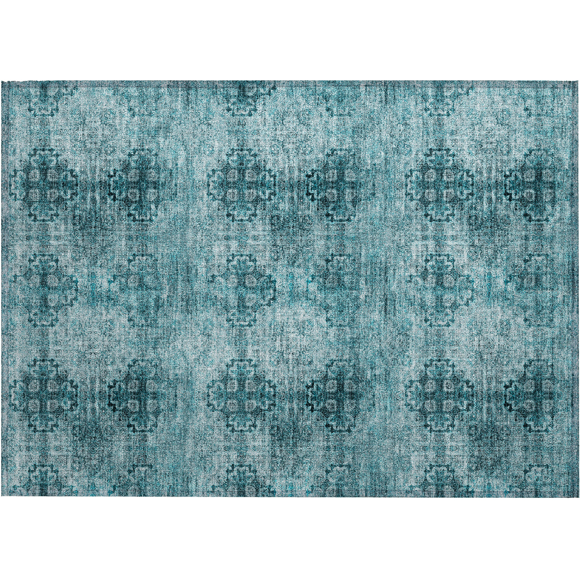 2' X 3' Teal Floral Medallion Washable Non Skid Indoor Outdoor Area Rug