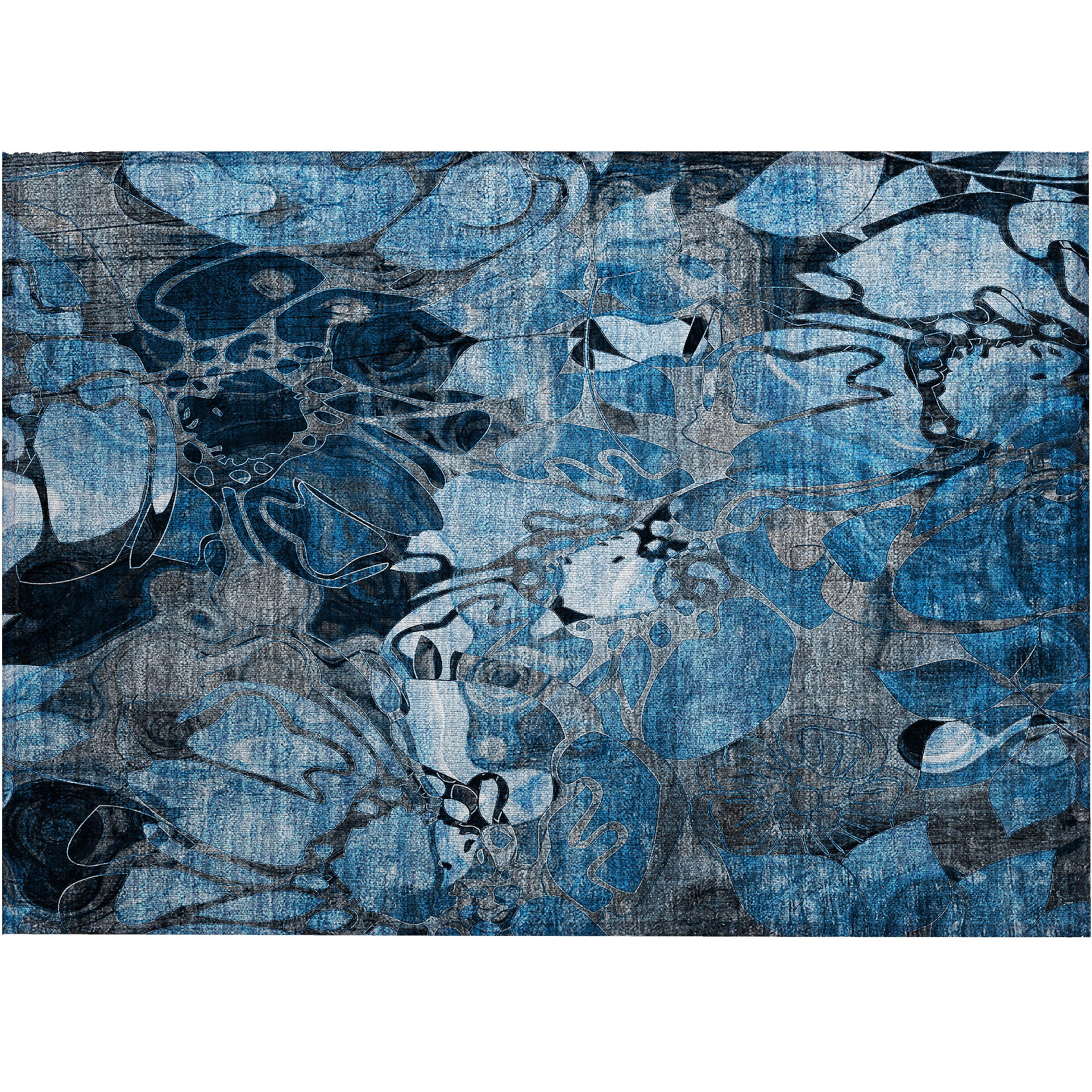 2' X 3' Blue and Gray Floral Washable Non Skid Indoor Outdoor Area Rug