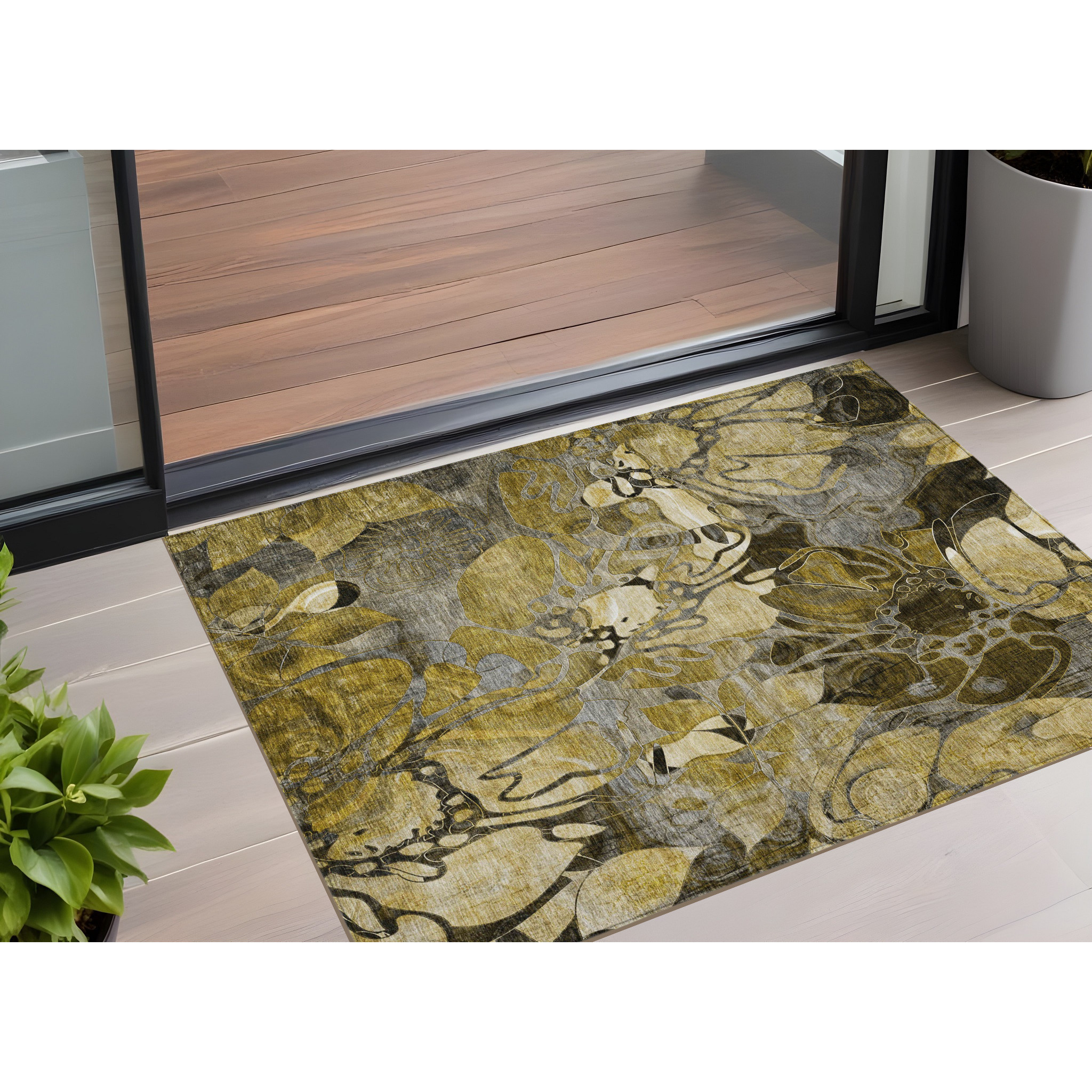 2' X 3' Green and Brown Floral Washable Non Skid Indoor Outdoor Area Rug