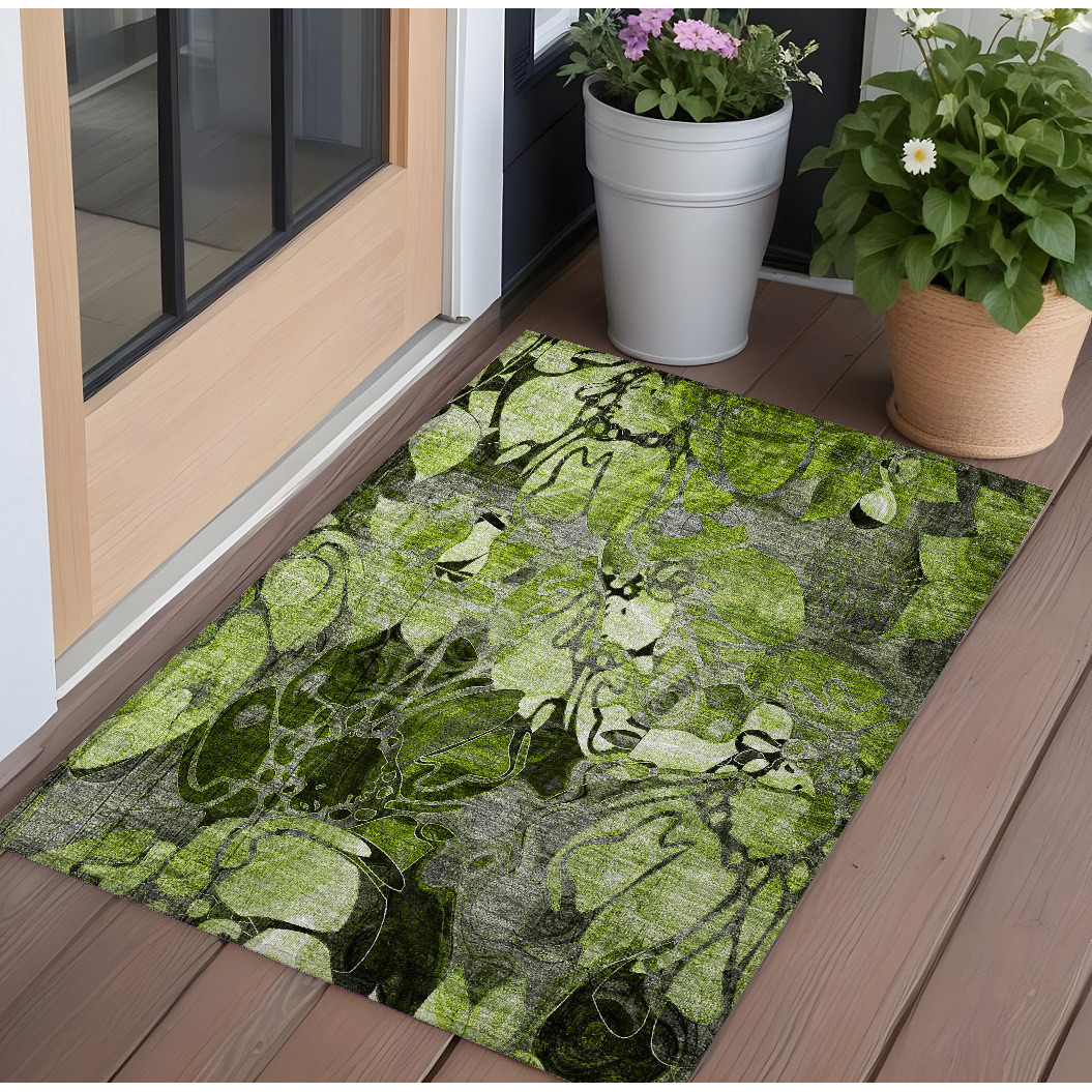 2' X 3' Fern Green and Gray Floral Washable Non Skid Indoor Outdoor Area Rug