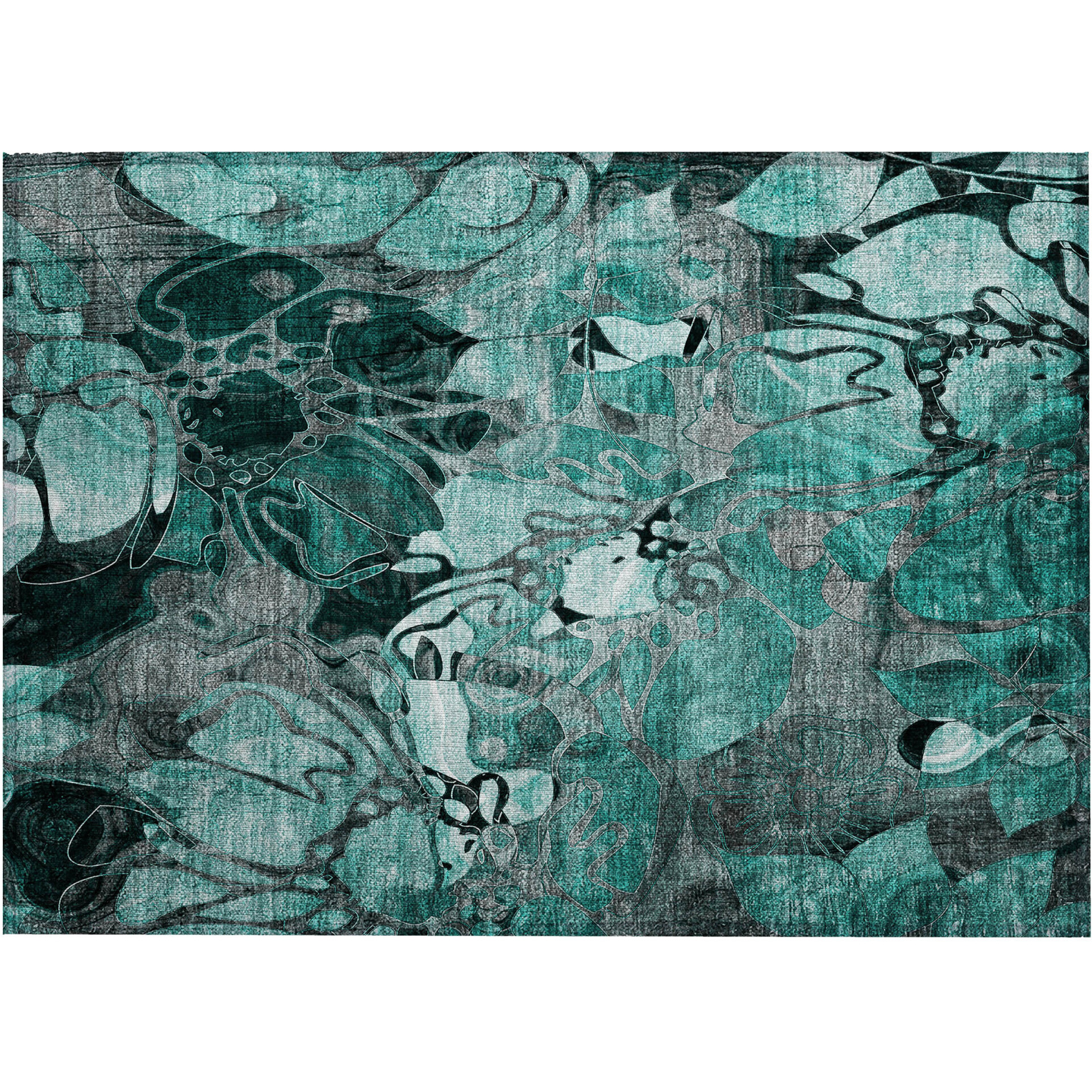 2' X 3' Teal Black and Gray Floral Washable Non Skid Indoor Outdoor Area Rug