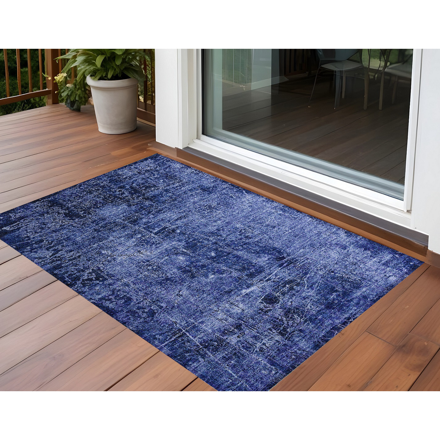 2' X 3' Navy Blue Abstract Washable Non Skid Indoor Outdoor Area Rug