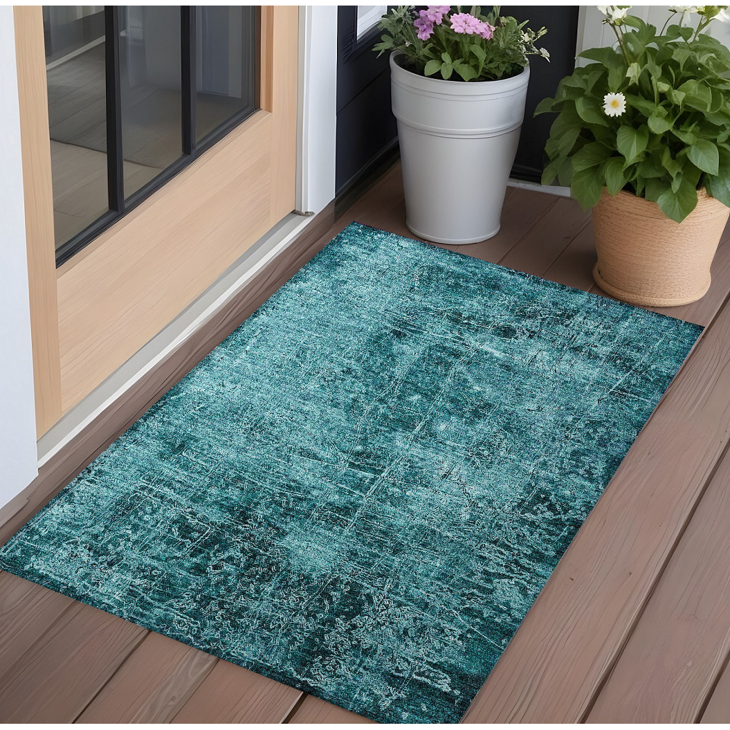 2' X 3' Teal Abstract Washable Non Skid Indoor Outdoor Area Rug