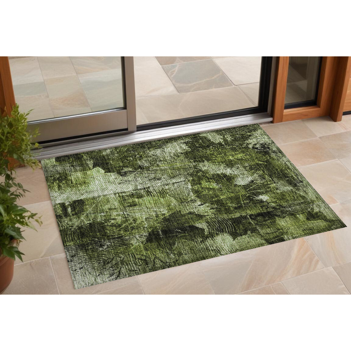 2' X 3' Green Floral Washable Non Skid Indoor Outdoor Area Rug