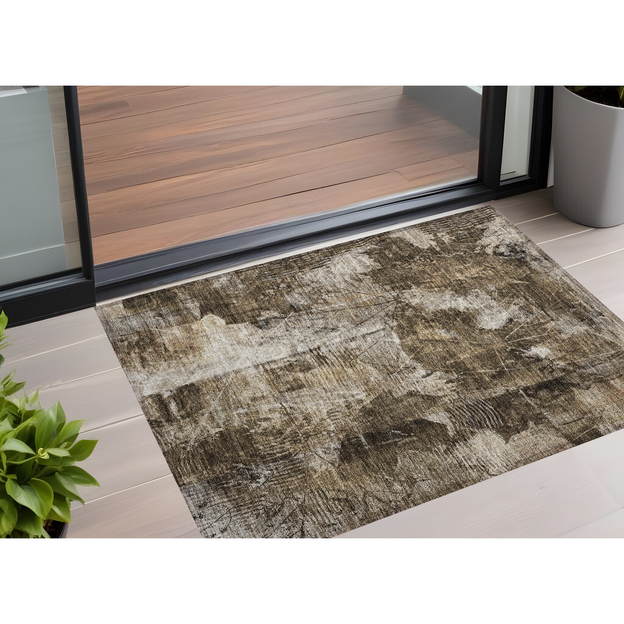 2' X 3' Taupe Floral Washable Non Skid Indoor Outdoor Area Rug