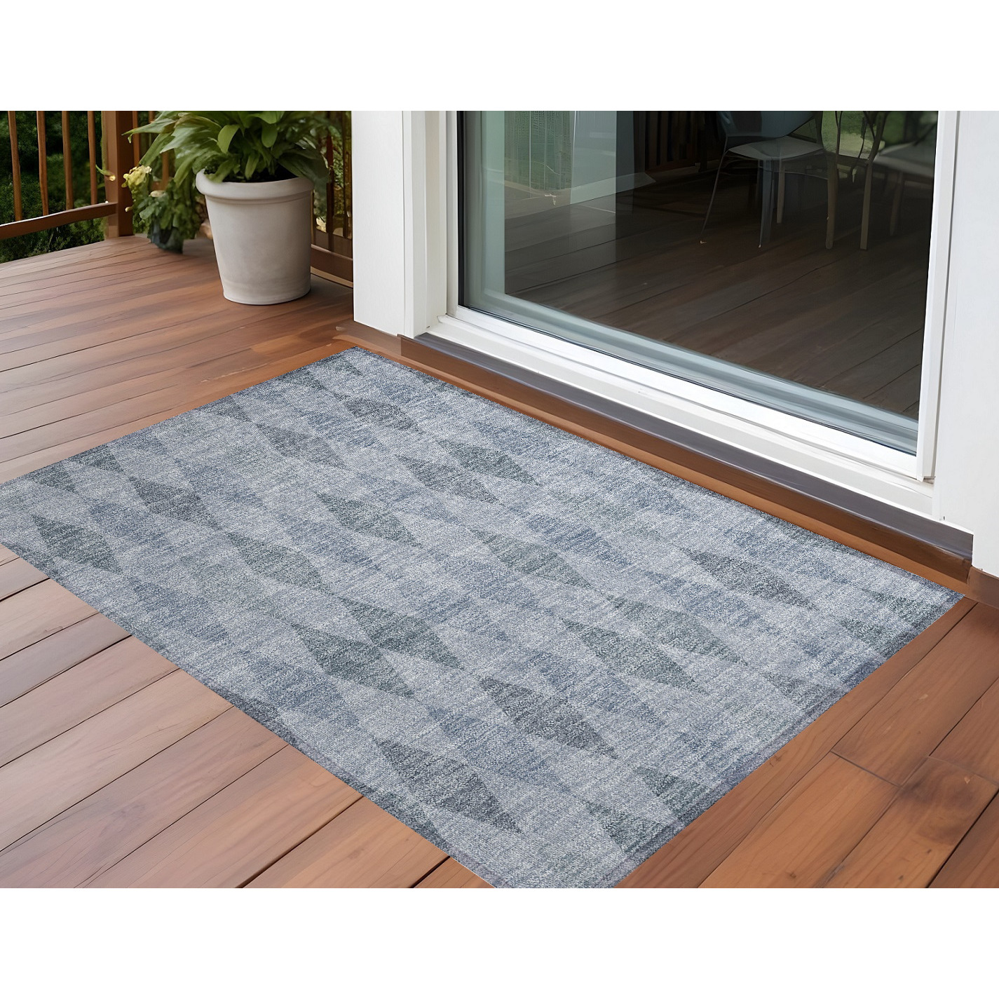 2' X 3' Denim Blue Geometric Washable Non Skid Indoor Outdoor Area Rug