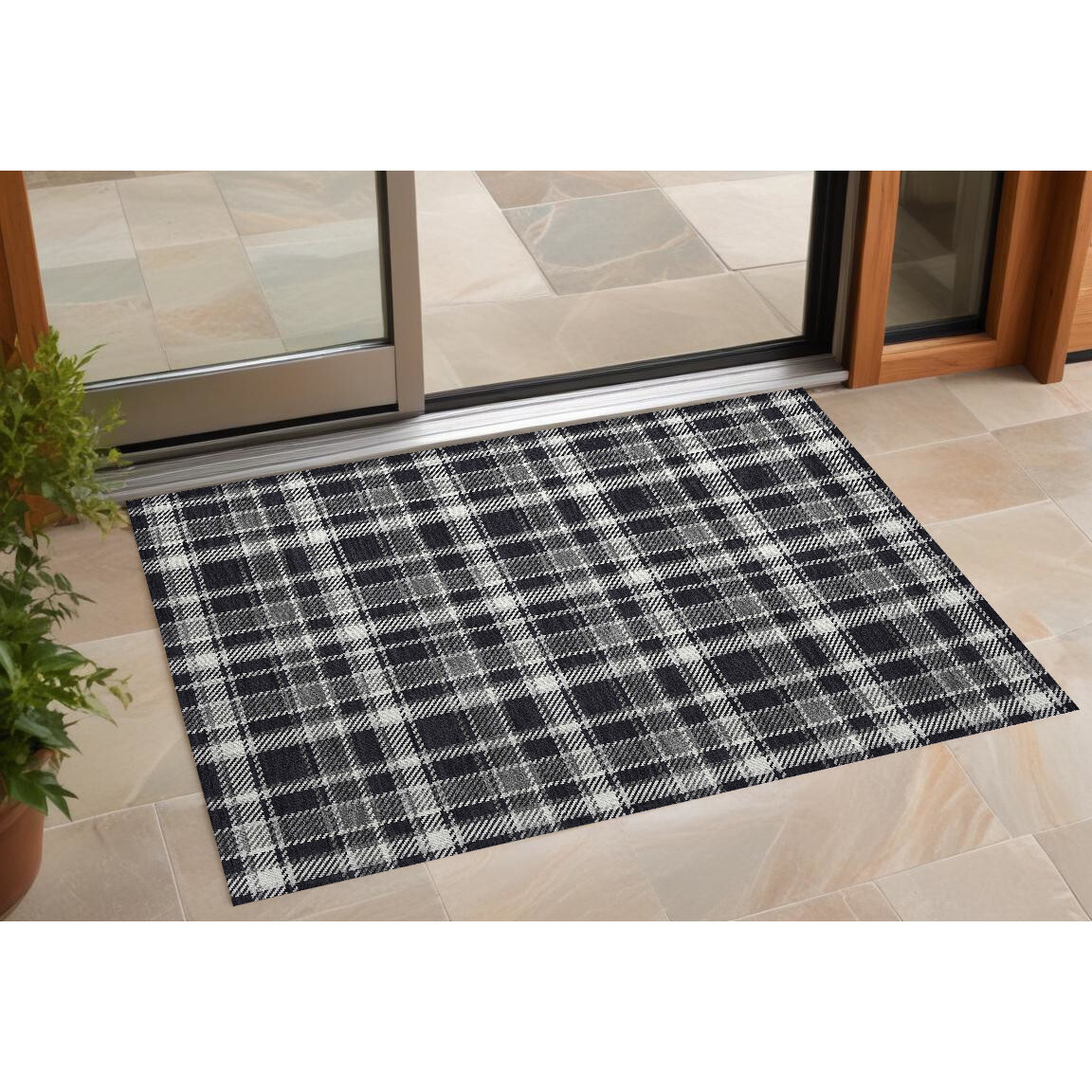 2' X 3' Black Gray and White Plaid Washable Non Skid Indoor Outdoor Area Rug