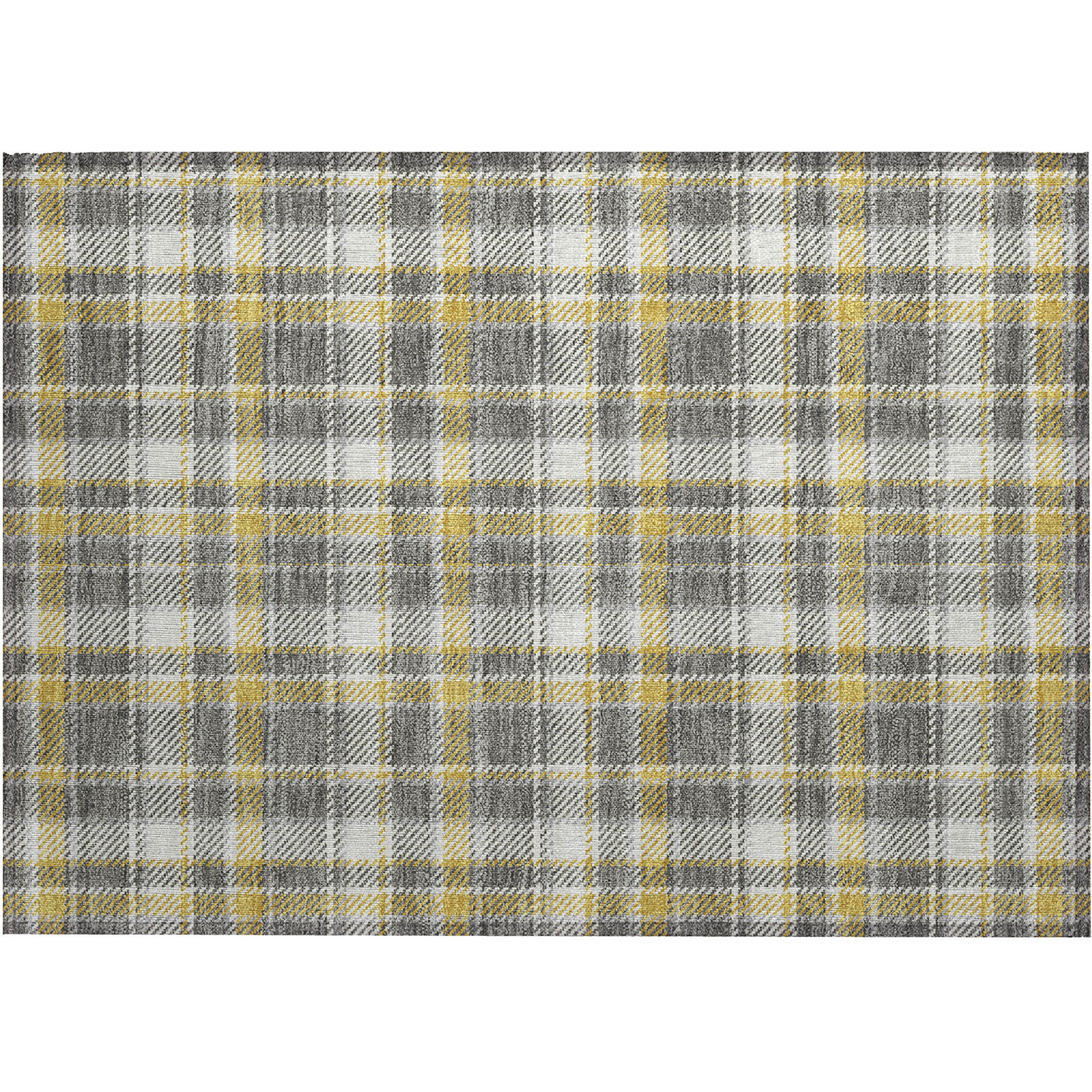2' X 3' Gray Yellow and White Plaid Washable Non Skid Indoor Outdoor Area Rug