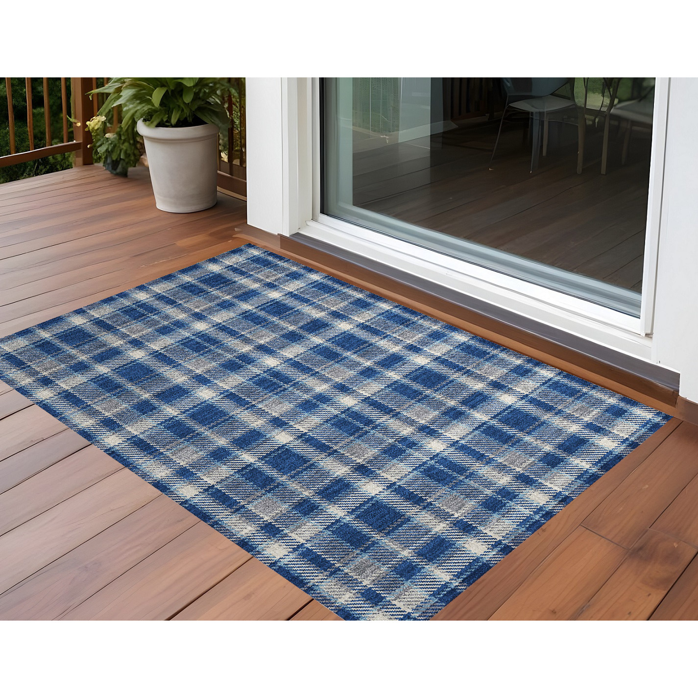 2' X 3' Navy and Ivory Plaid Washable Non Skid Indoor Outdoor Area Rug