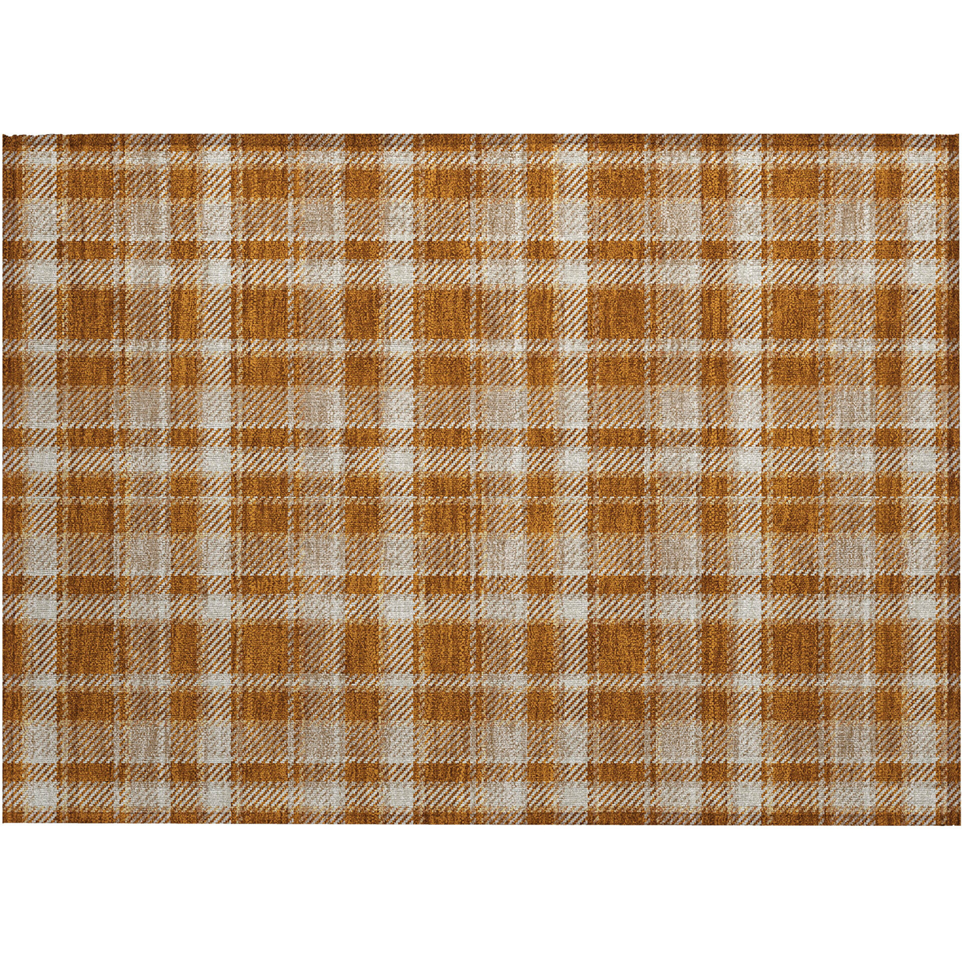 2' X 3' Orange and Ivory Plaid Washable Non Skid Indoor Outdoor Area Rug