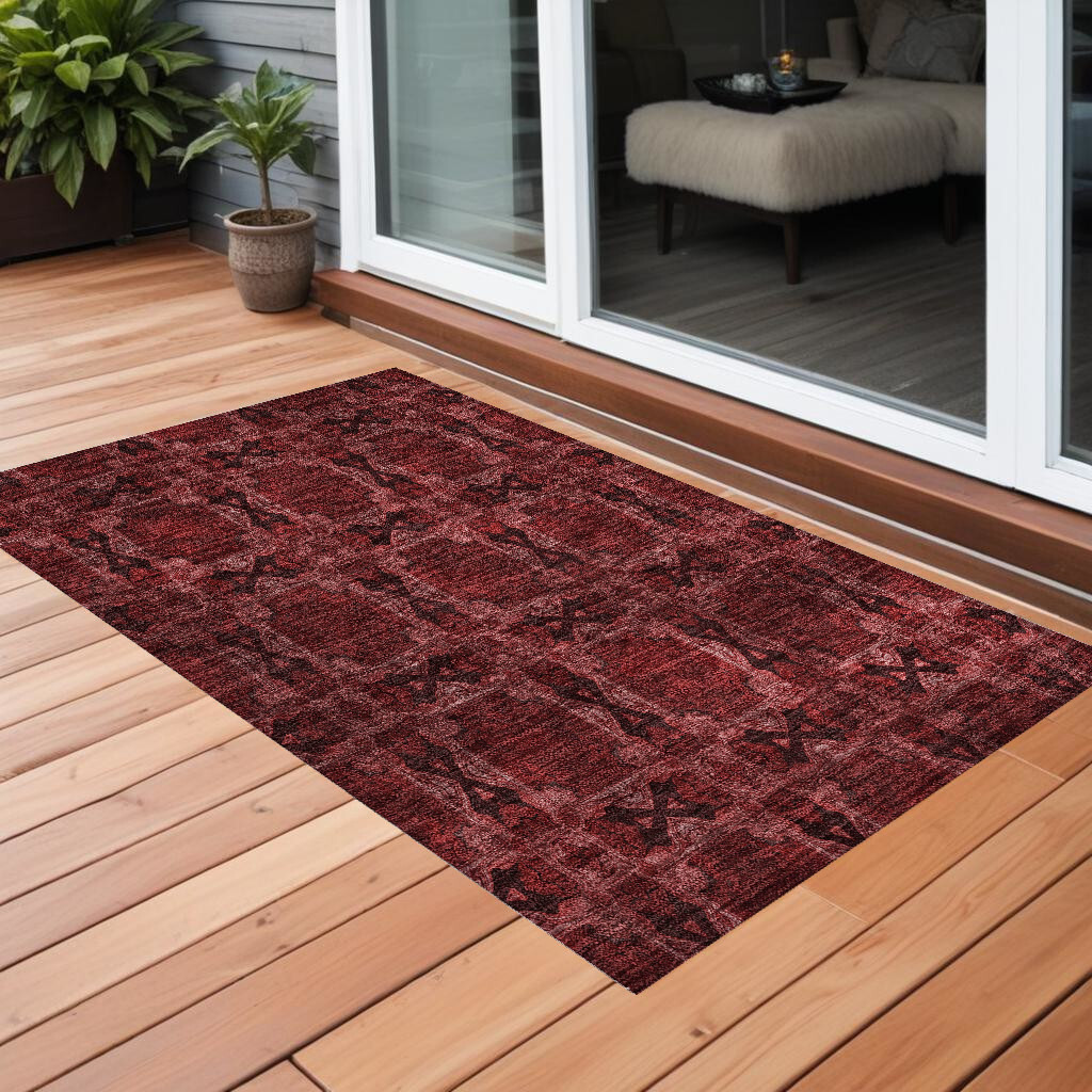 2' X 3' Burgundy and Black Floral Medallion Washable Non Skid Indoor Outdoor Area Rug