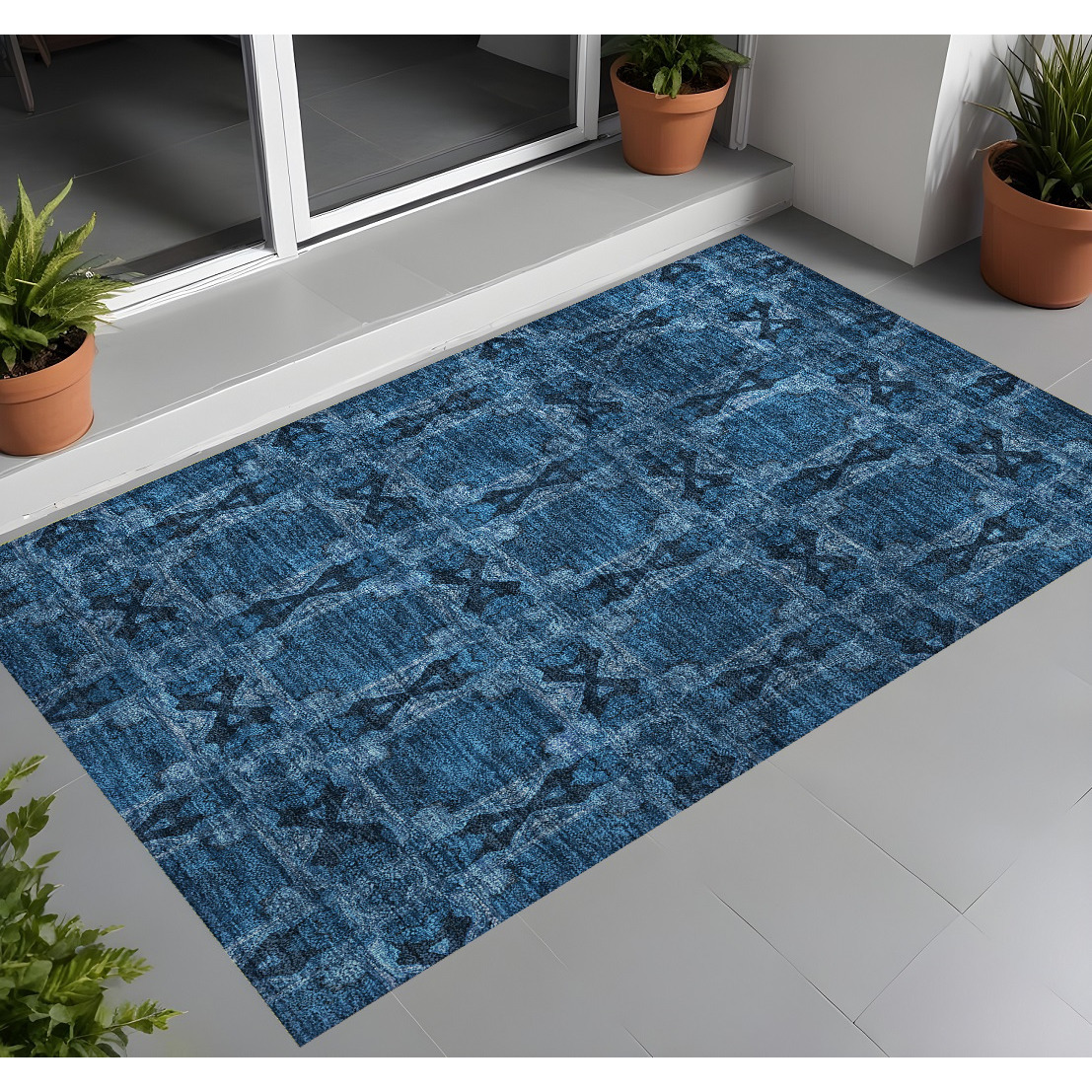 2' X 3' Navy and Gray Floral Medallion Washable Non Skid Indoor Outdoor Area Rug