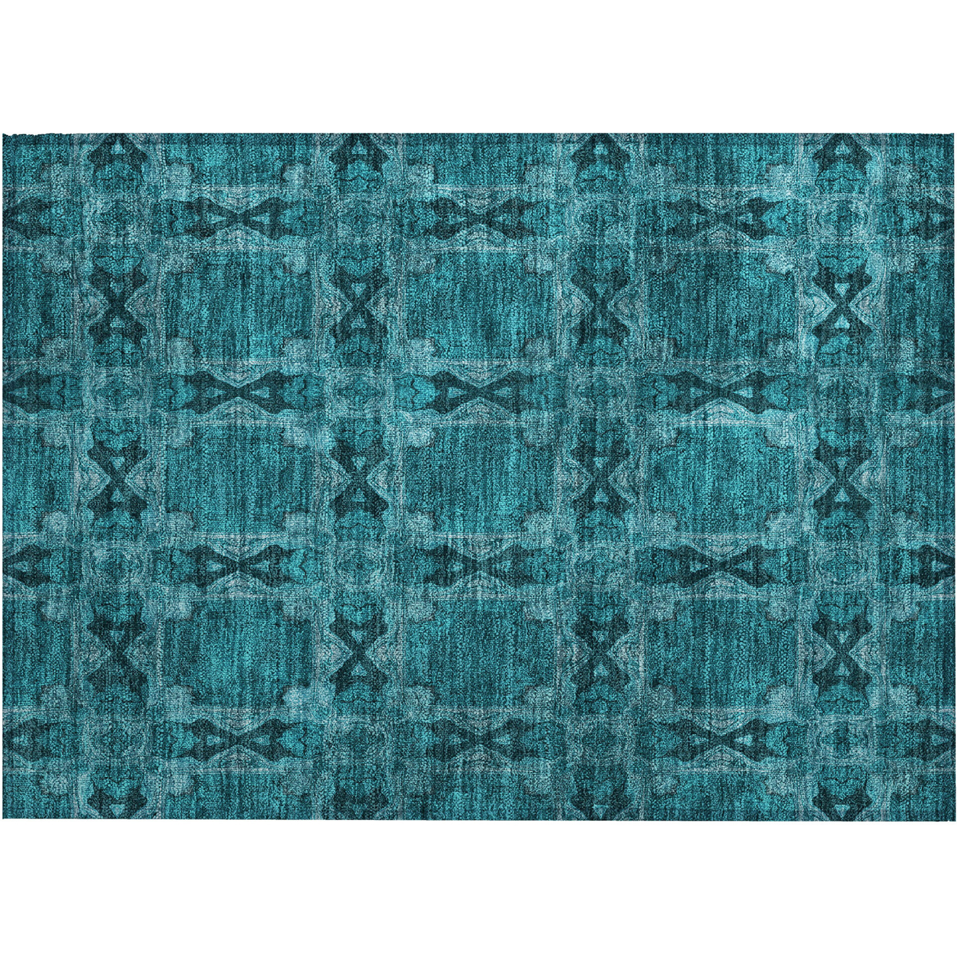 2' X 3' Teal Floral Medallion Washable Non Skid Indoor Outdoor Area Rug