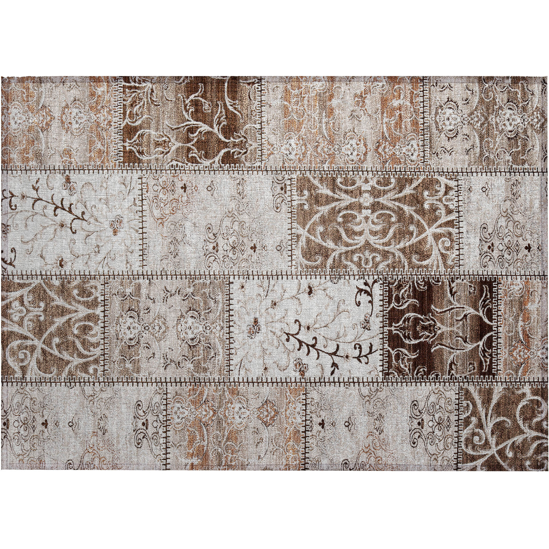 2' X 3' Taupe and Ivory Patchwork Washable Non Skid Indoor Outdoor Area Rug