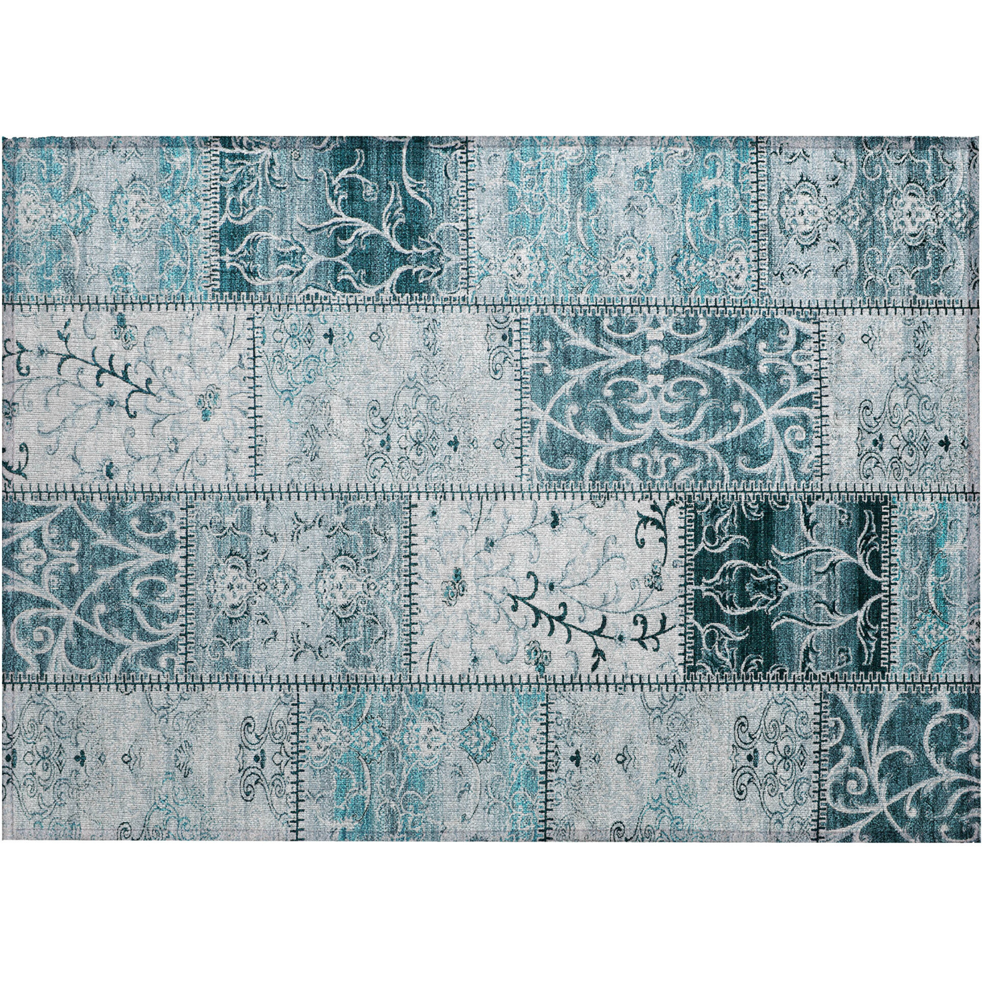 2' X 3' Teal Patchwork Washable Non Skid Indoor Outdoor Area Rug